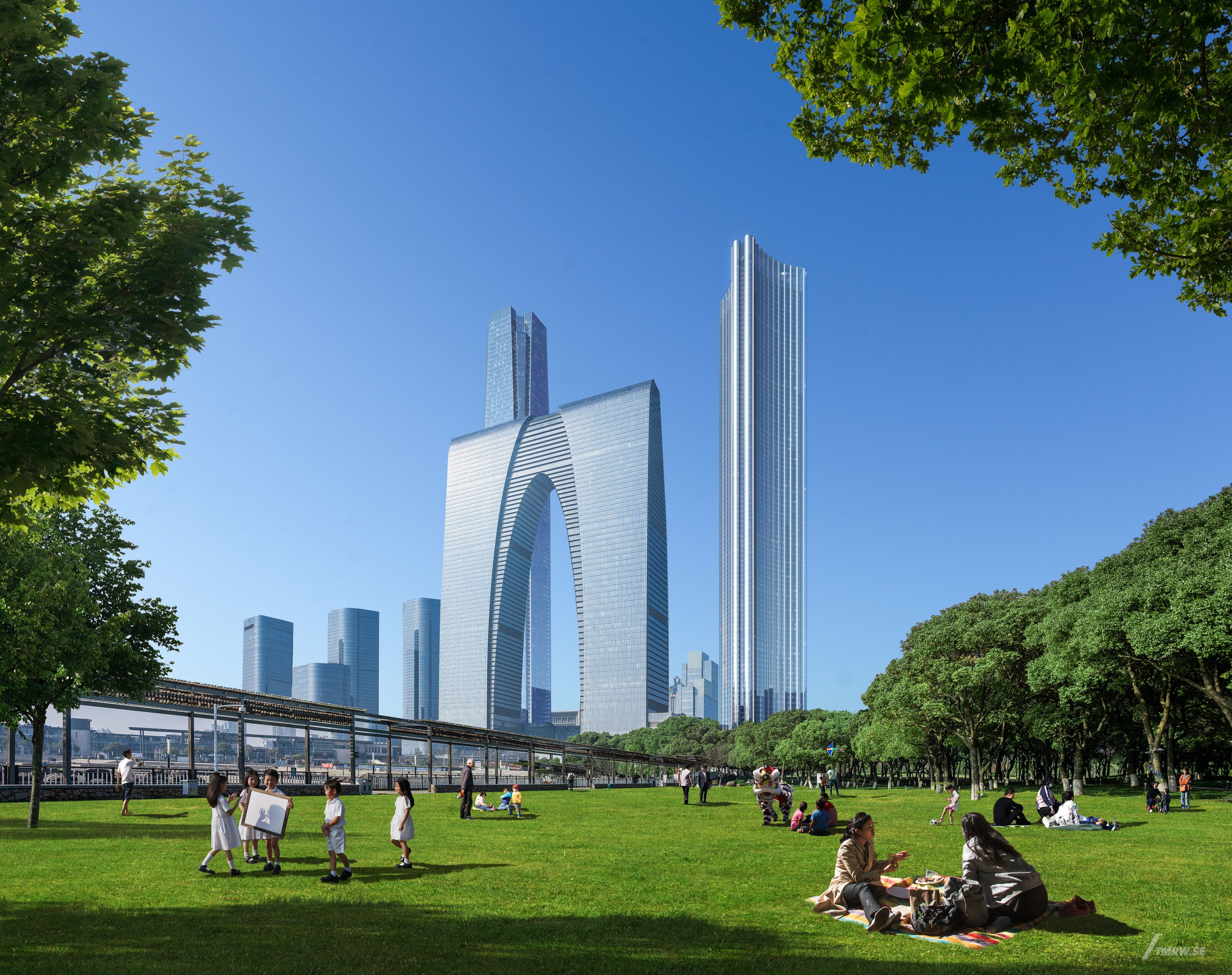 Architectural visualization of Coli Super Tower for Foster + Partners. An image of supertall skyscrapes in daylight from street view with a park infront.