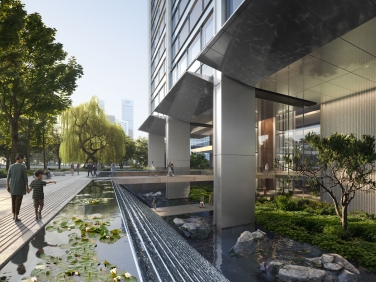 Architectural visualization of Hengli Suzhou for Foster + Partners. An image of a entrance to a office building with plants and a pond infront in daylight from street view.