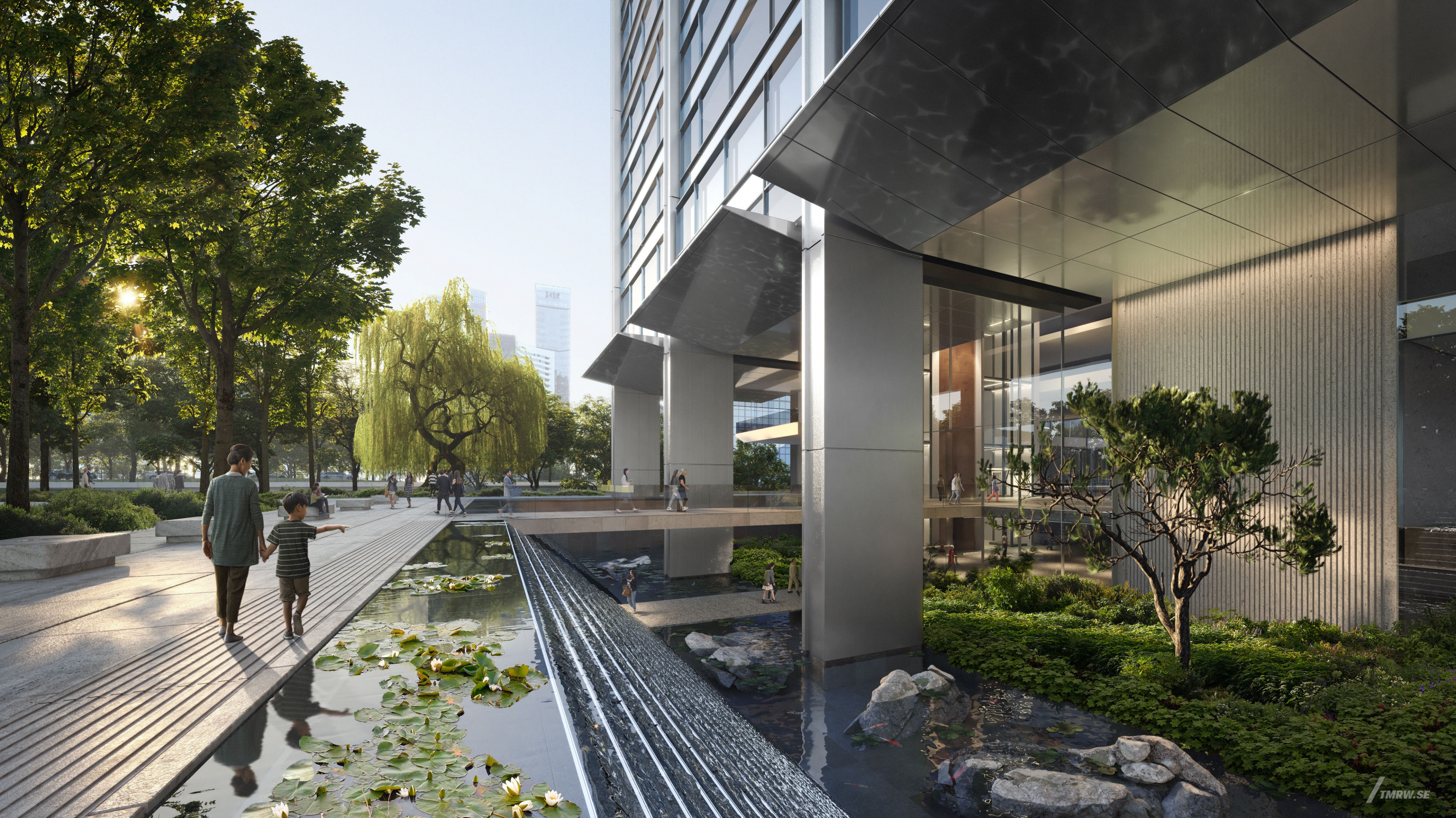 Architectural visualization of Hengli Suzhou for Foster + Partners. An image of a entrance to a office building with plants and a pond infront in daylight from street view.