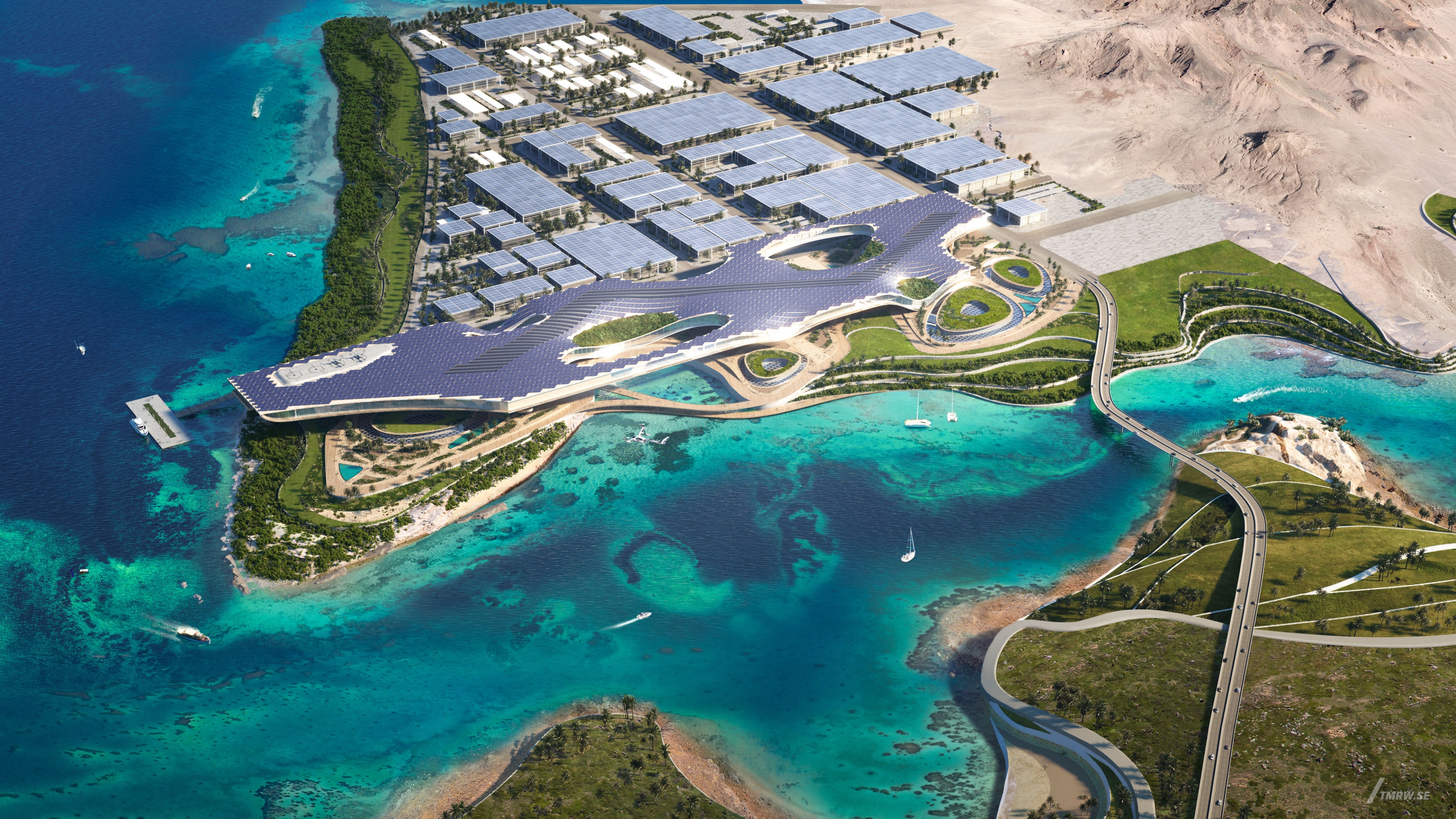 Architectural visualization of NEOM for Foster + Partners. An image of a city driven by solar panels by the ocean from a aerial view in daylight.