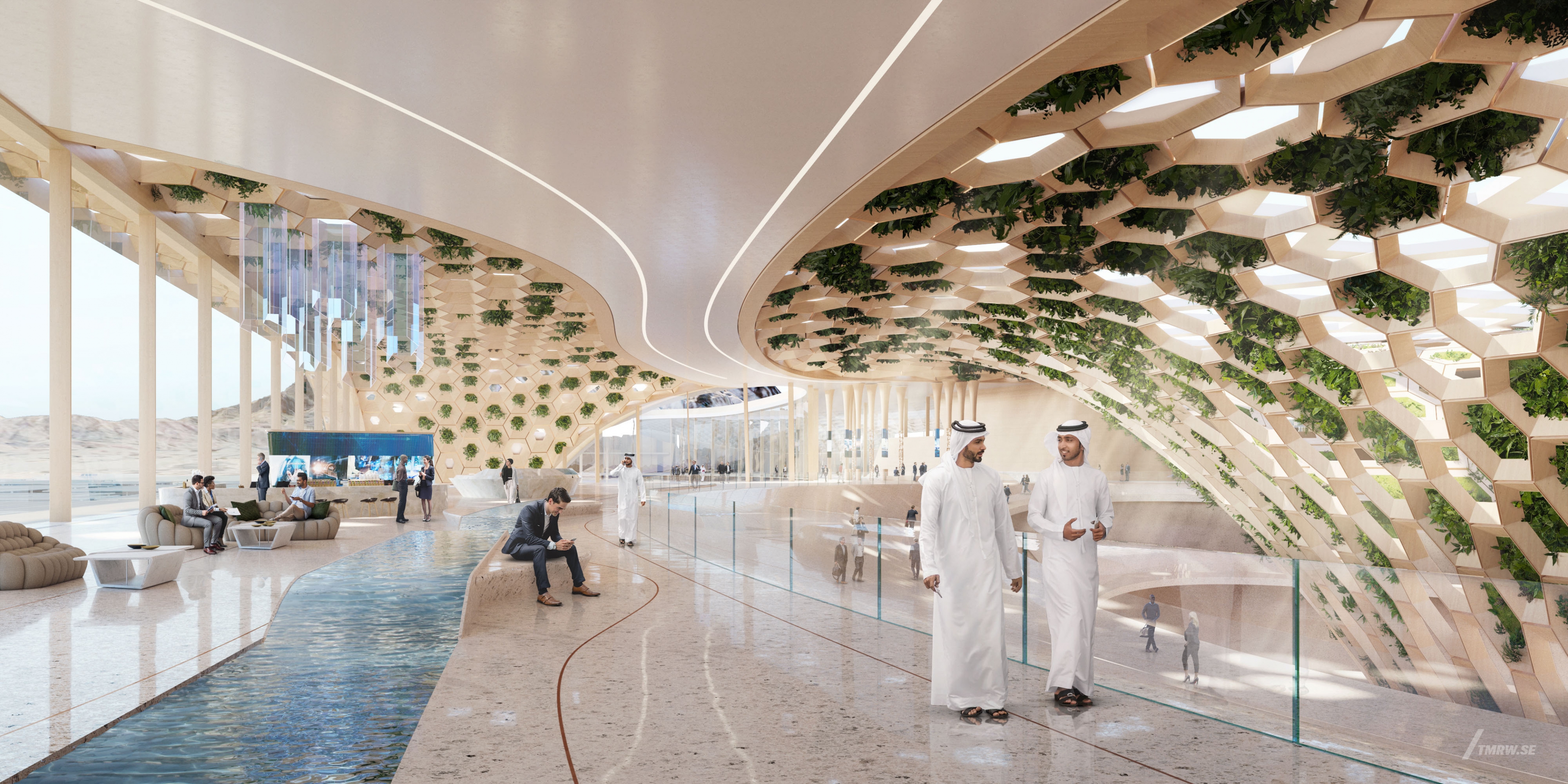 Architectural visualization of NEOM for Foster + Partners. An image of the interior of a office lougne with people walking around in daylight from street view.