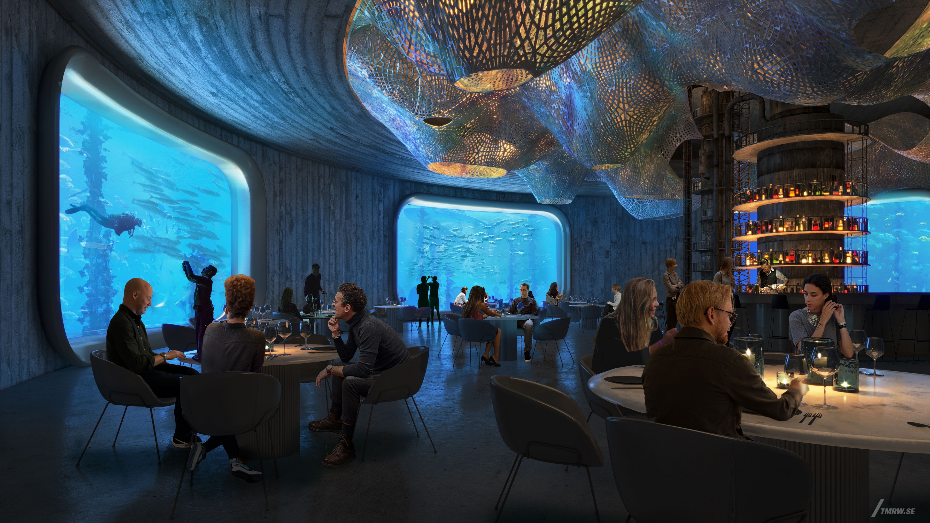 Architectural visualization of Hitch for HKS. An image of the interior of a underwater restaurant with people dining and talking at night from street view.