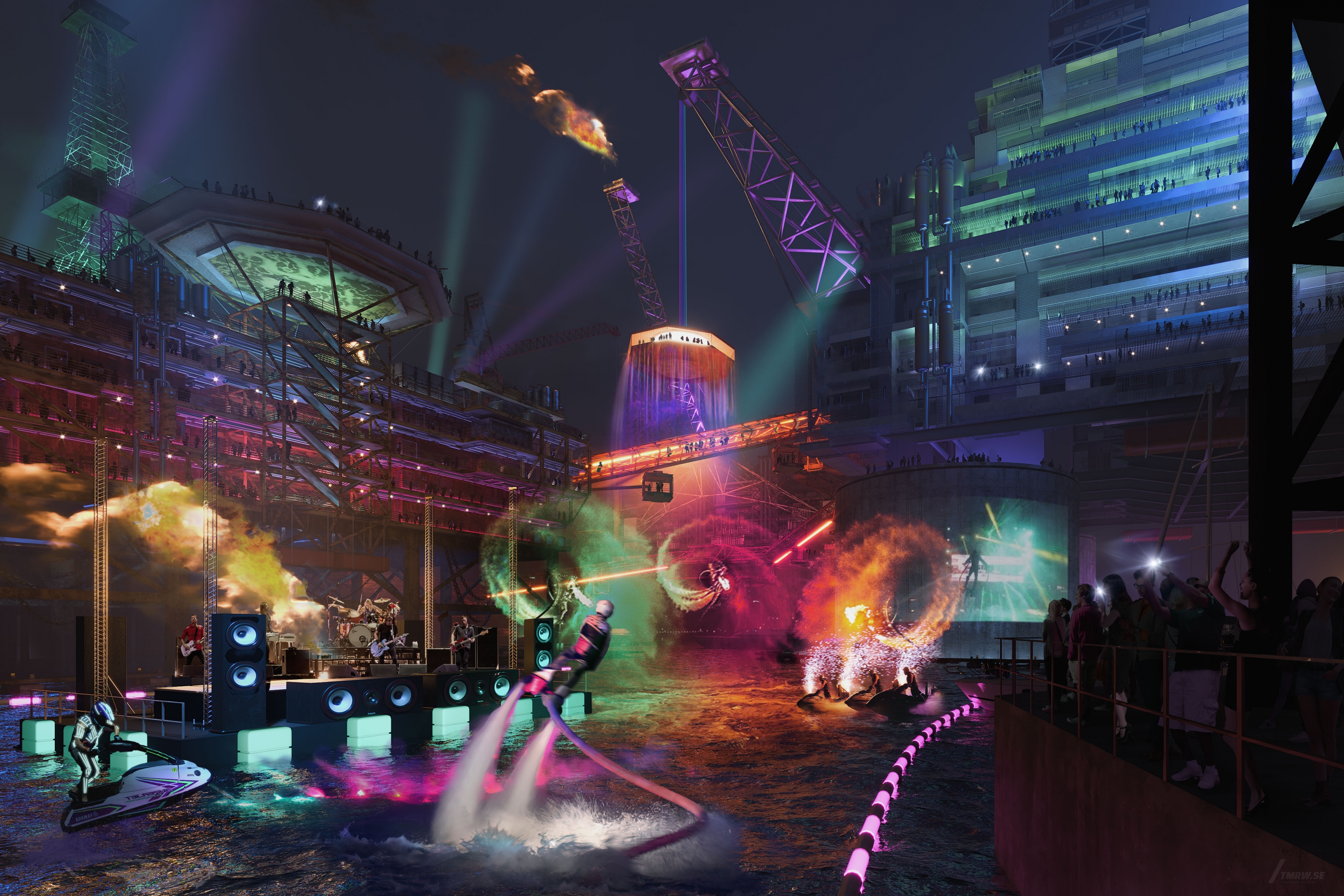 Architectural visualization of Hitch for HKS. An image of a water show on a stage at night from street view.