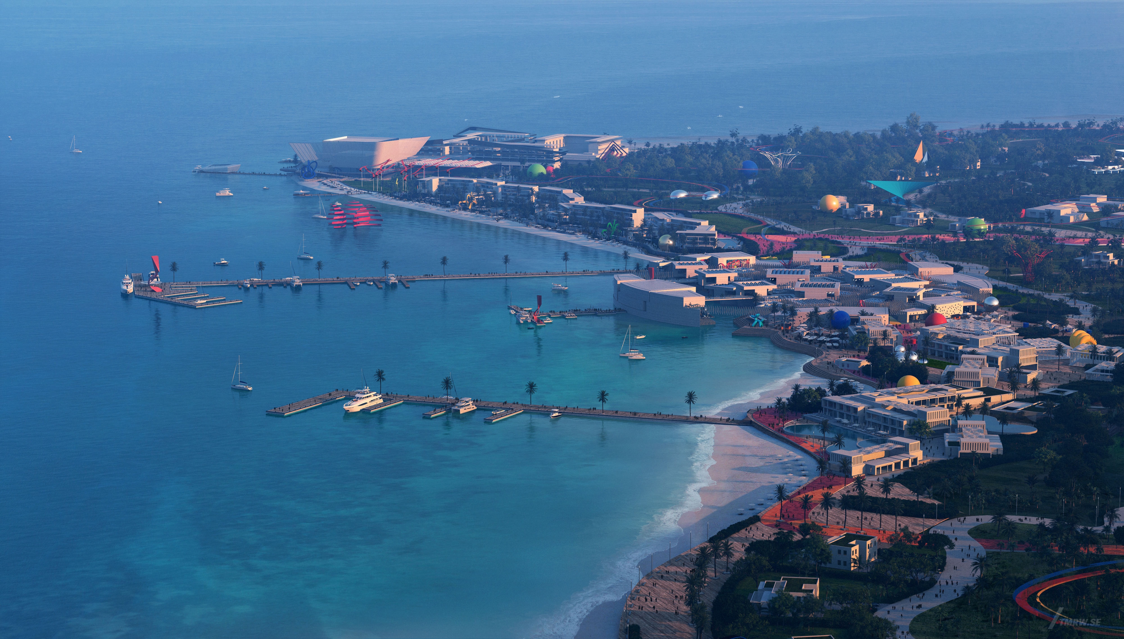 Architectural visualization of Miraya for HKS. An image of a coast with a harbour at dawn from semi aerial view.