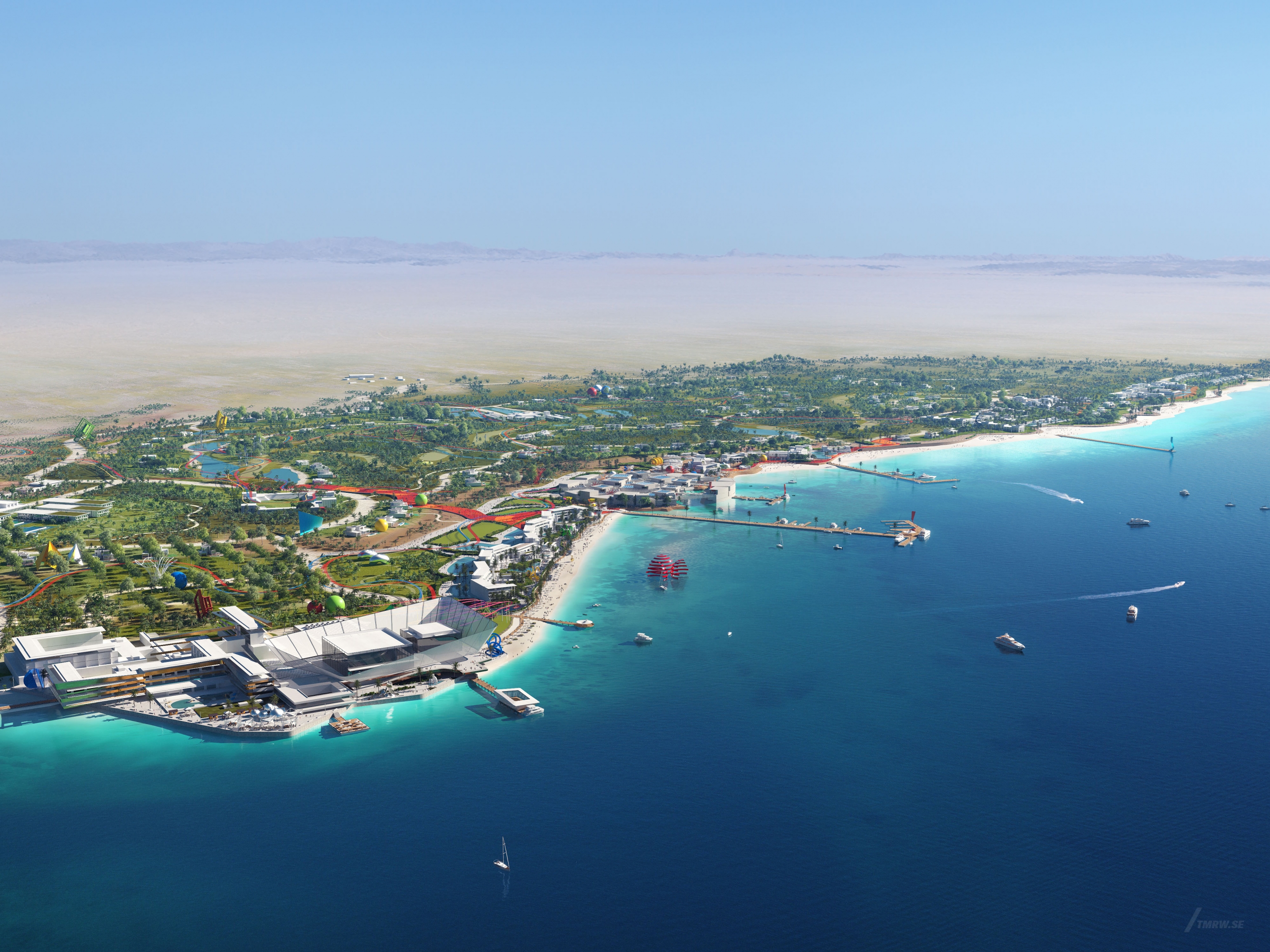 Architectural visualization of Miraya for HKS. An image of a coast with a harbour at daylight from semi aerial view.