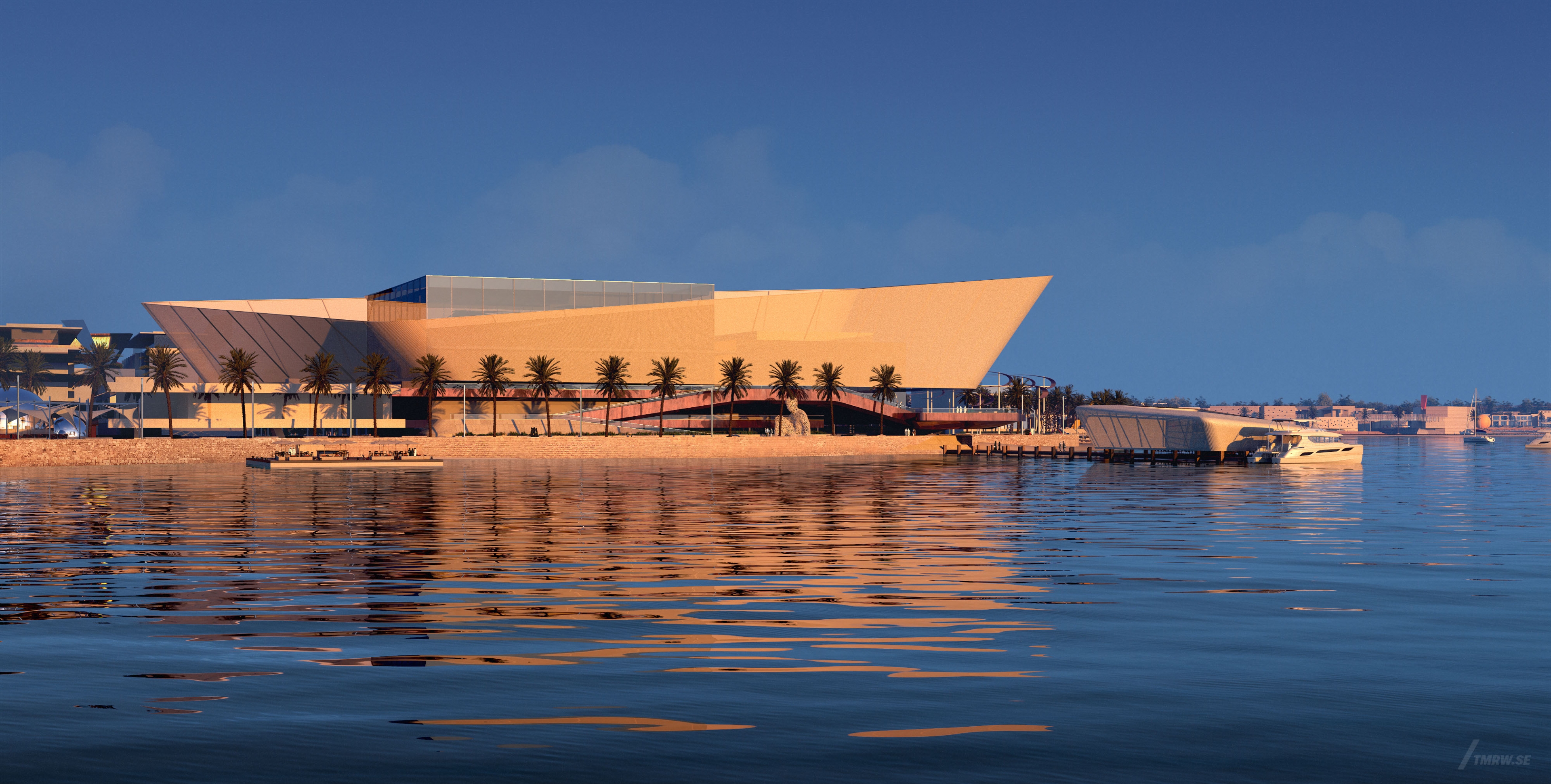 Architectural visualization of Miraya for HKS. An image of a museum with ocean infront at golden hour from street view.