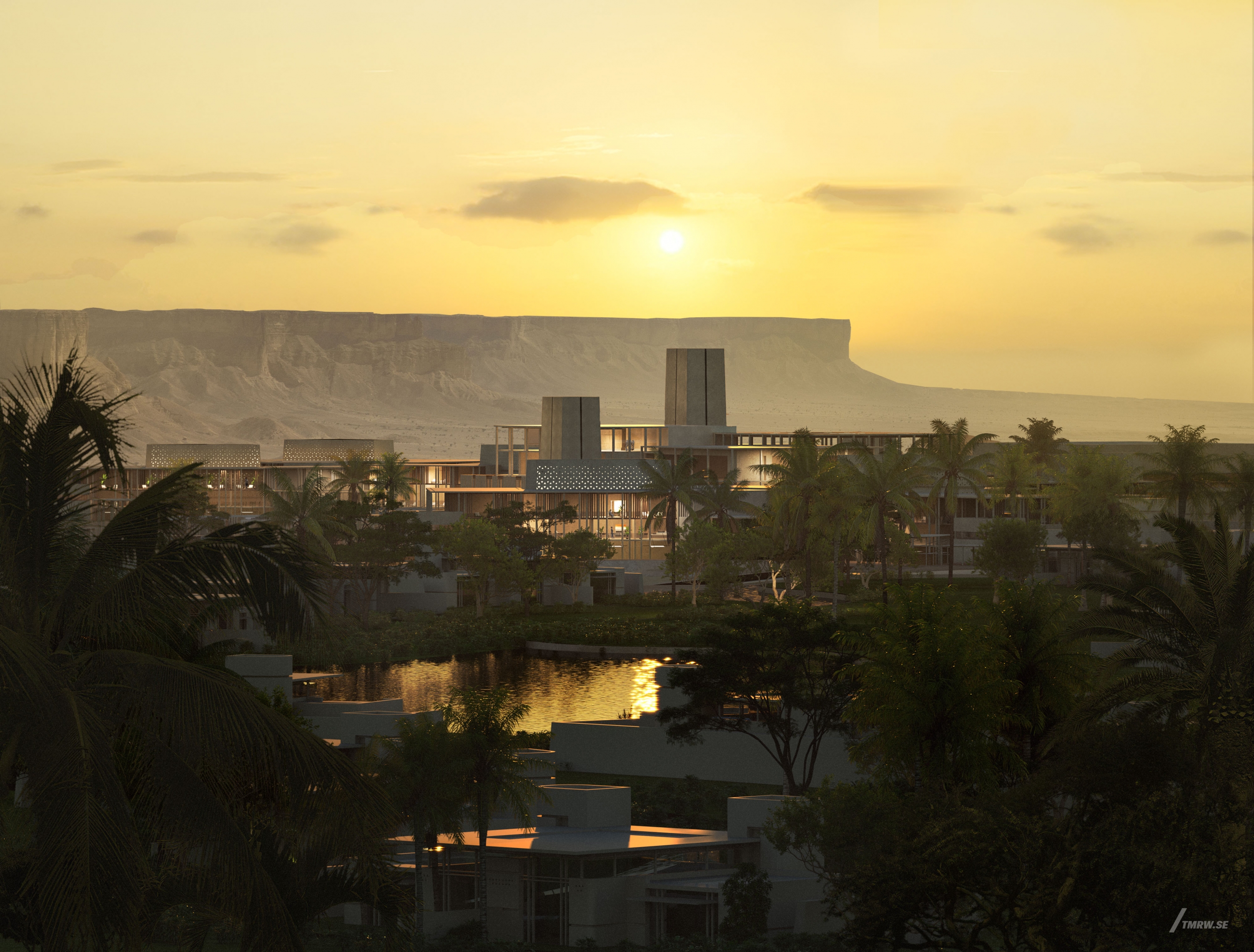 Architectural visualization of Qiddiya for HKS. An image of a hotel complex with a swimming pool in the middle surrounded by palm trees.