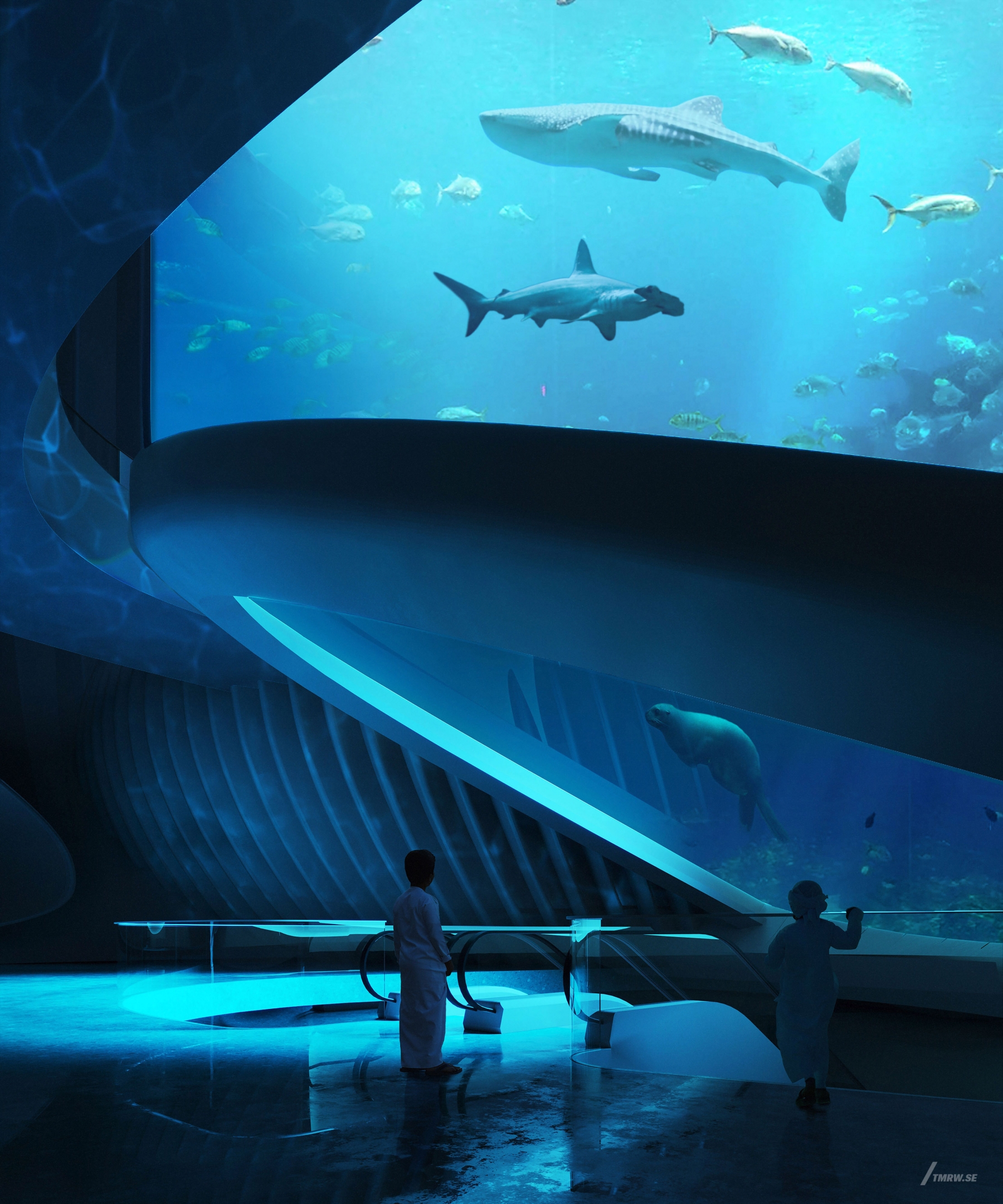 Architectural visualization of Raha for HKS. An image of a underwater aquarium with people watching the fishes in daylight from street view.
