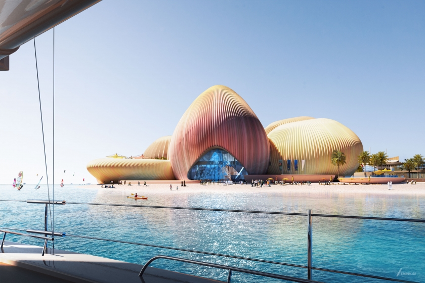 Architectural visualization of Raha for HKS. An image of the exterior of a building at the beach in the shape of an egg in daylight with people at the beach from a boat view.