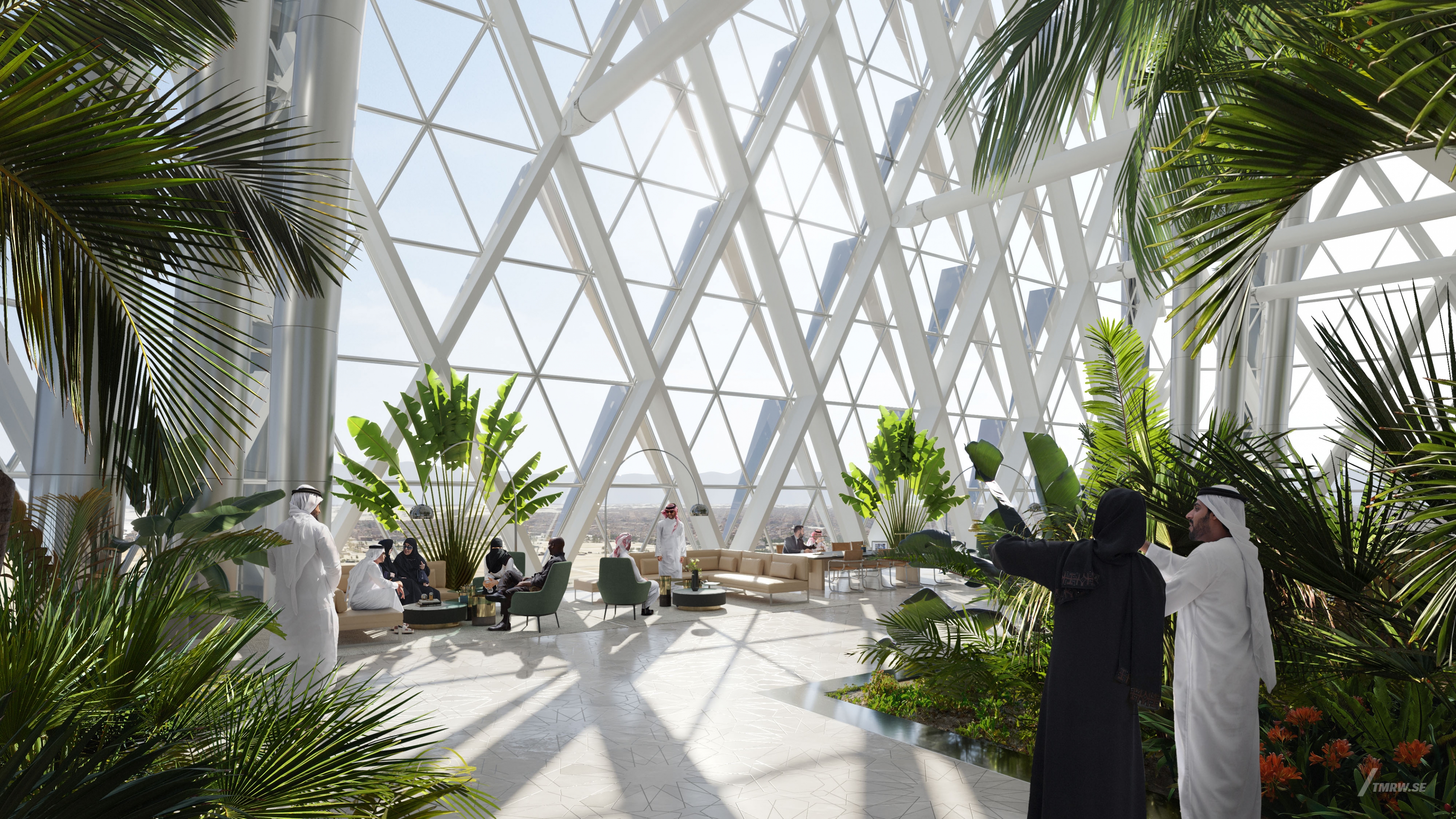 Architectural visualization of Jeddah for HOK. An image of the interior of a office building with decorated with a lot of plants. People talking and walking around in daylight.