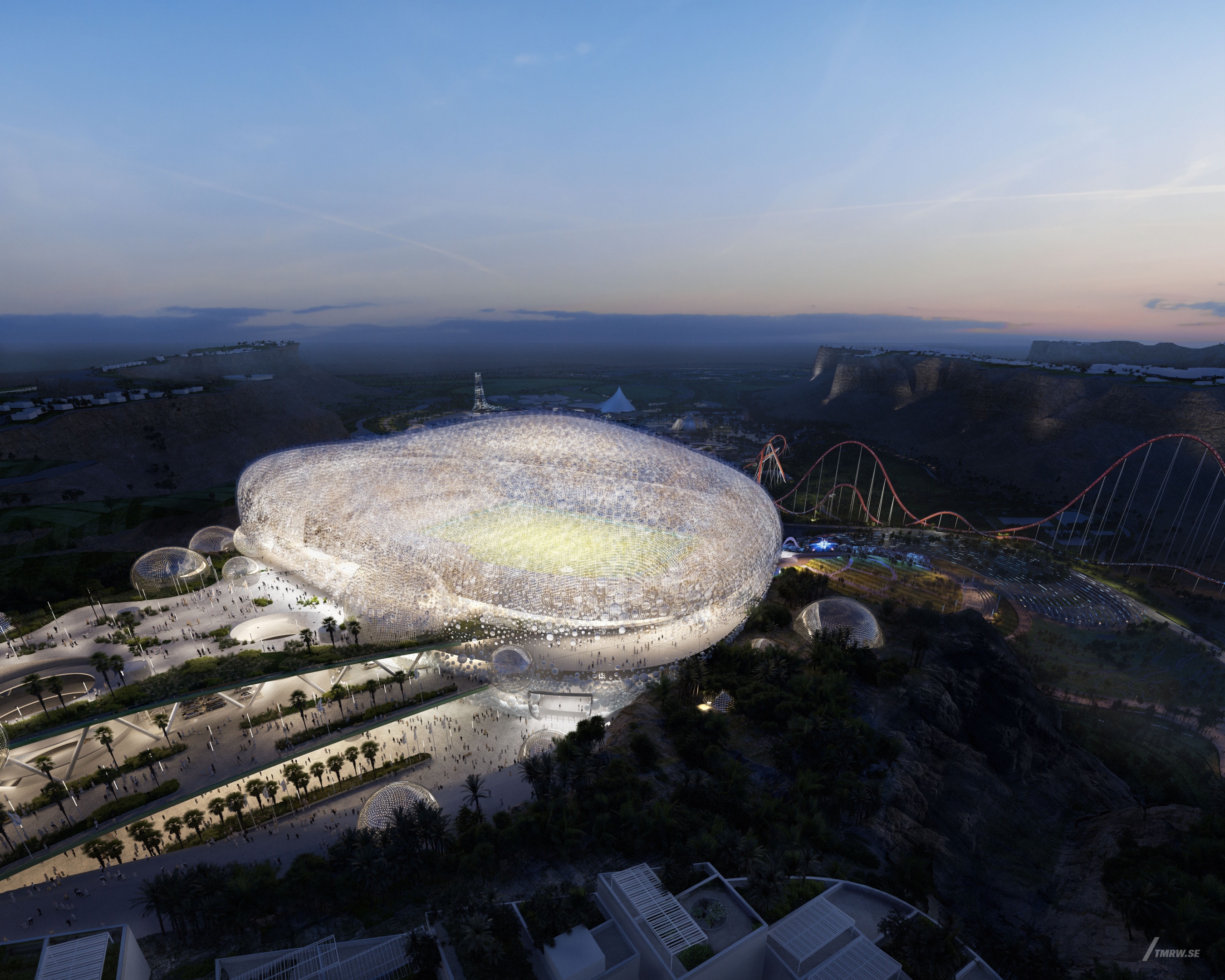 Architectural visualization of Qiddiya for HOK. An image of a soccer arena at night from semi aerial view.