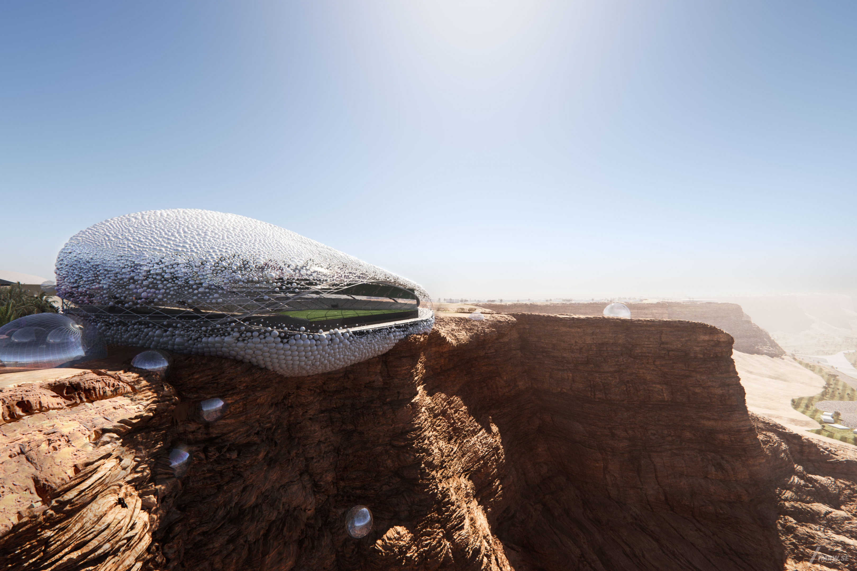 Architectural visualization Qiddiya of for HOK. An image of the exterior of a soccer arena on a mountian top in daylight from semi aerial perspective.