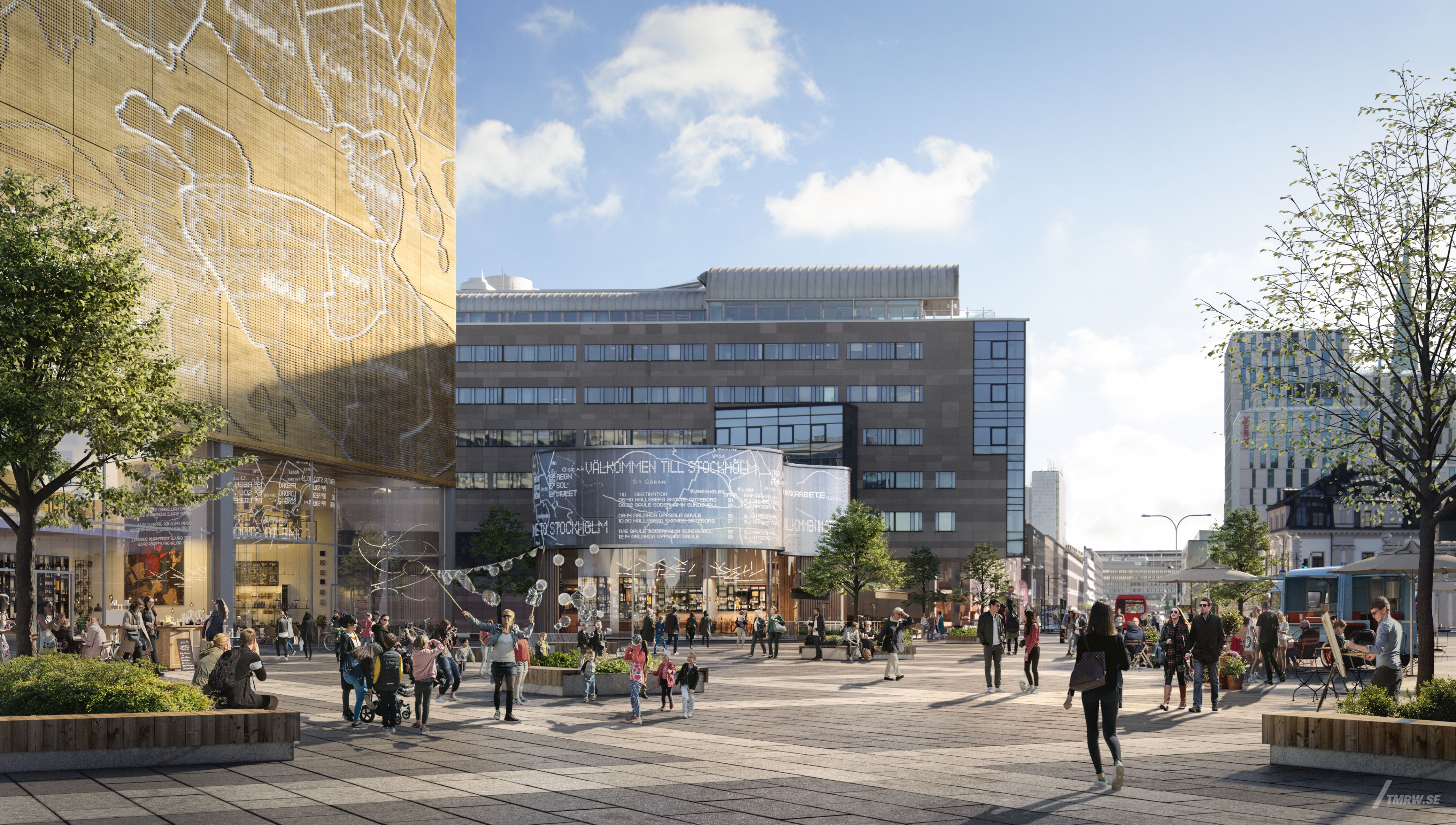 Architectural visualization of Sthlm Central for Jernhusen. A shot of a square with pedestrians from street view in daylight with buildings in the background.