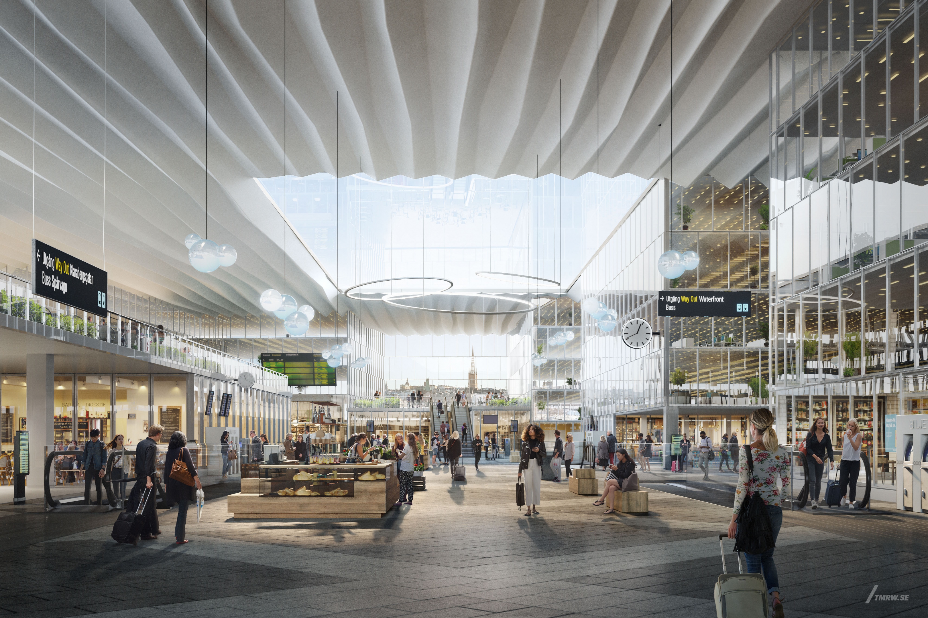 Architectural visualization of Sthlm Central for Jernhusen. An image of the interior of a central station at day with people walking around in daylight from street view.