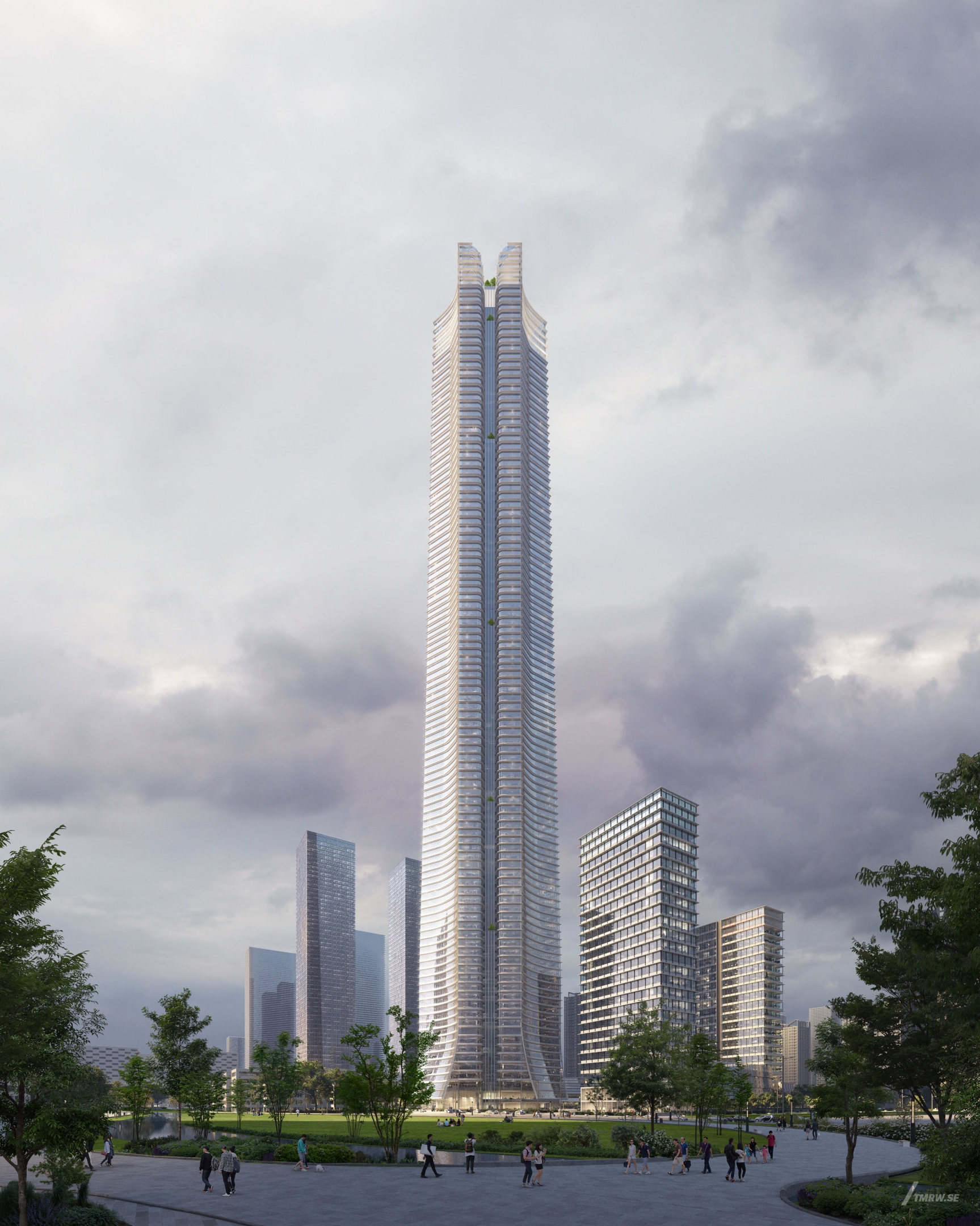 Architectural visualization of Agile for KPF. An image of a supertall skyscraper at dusk from street view with people walking at the square in front of.