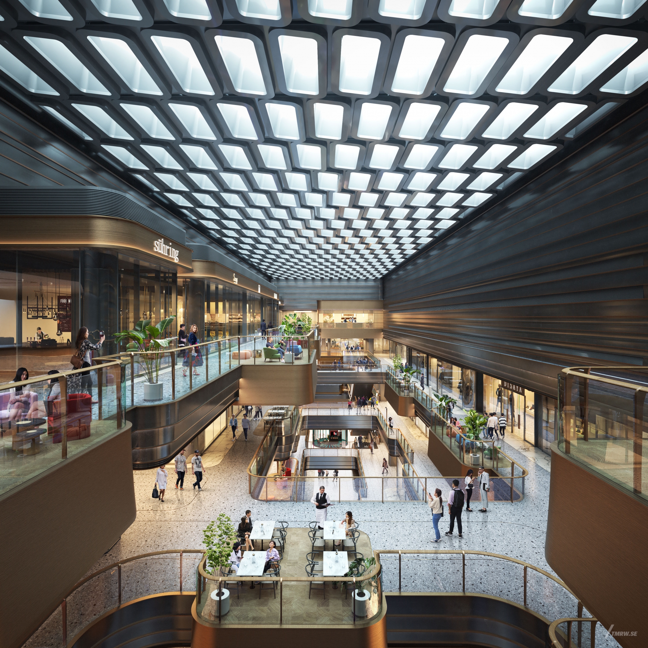Architectural visualization Suanlum of for KPF. An image of the interior of a shopping mall with people walking around from semi aerial view.