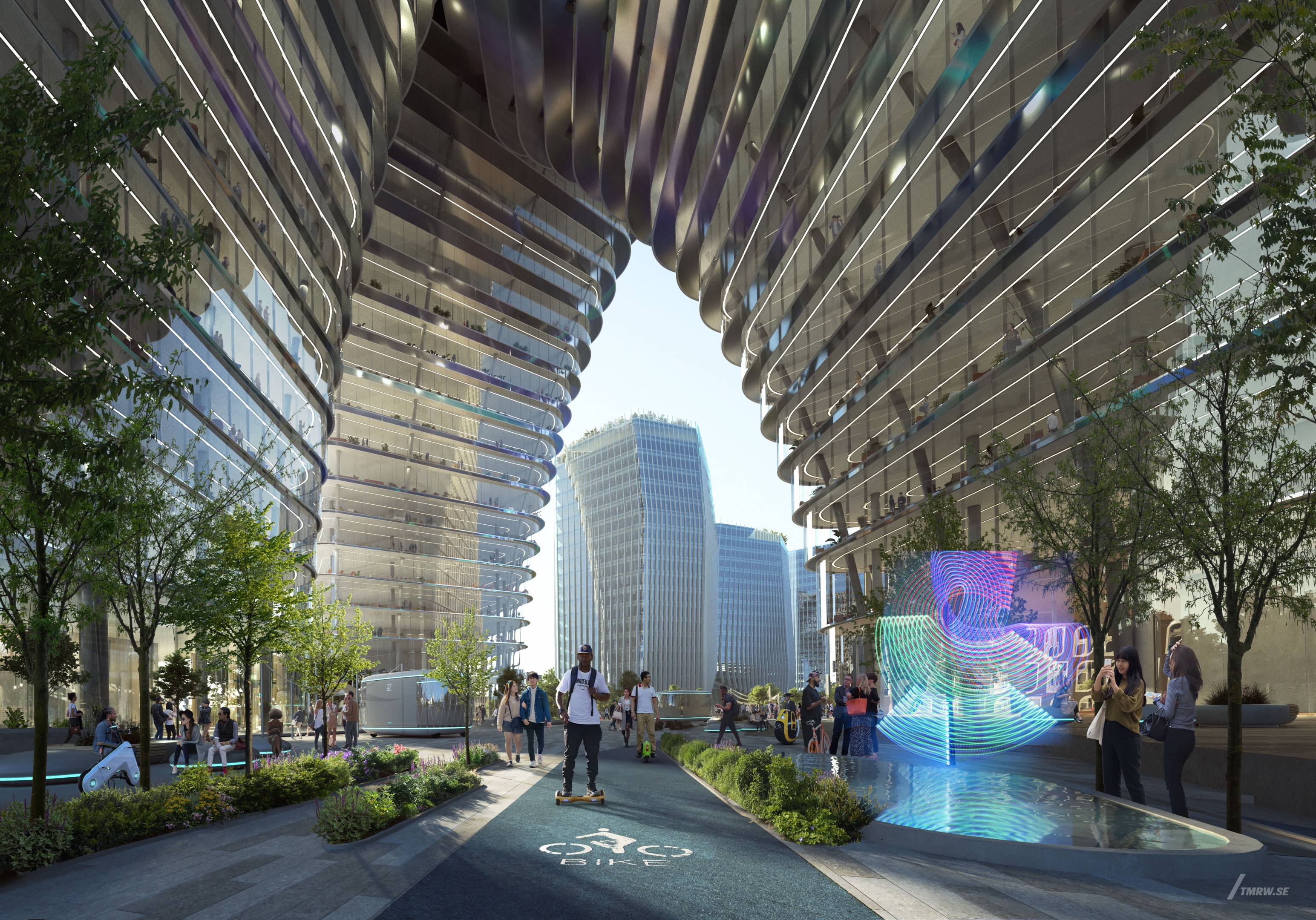 Architectural visualization of Tencent for KPF. An image of the exterior of a building with glass facade from street view. With a bike lane in the middle with people walking in daylight.