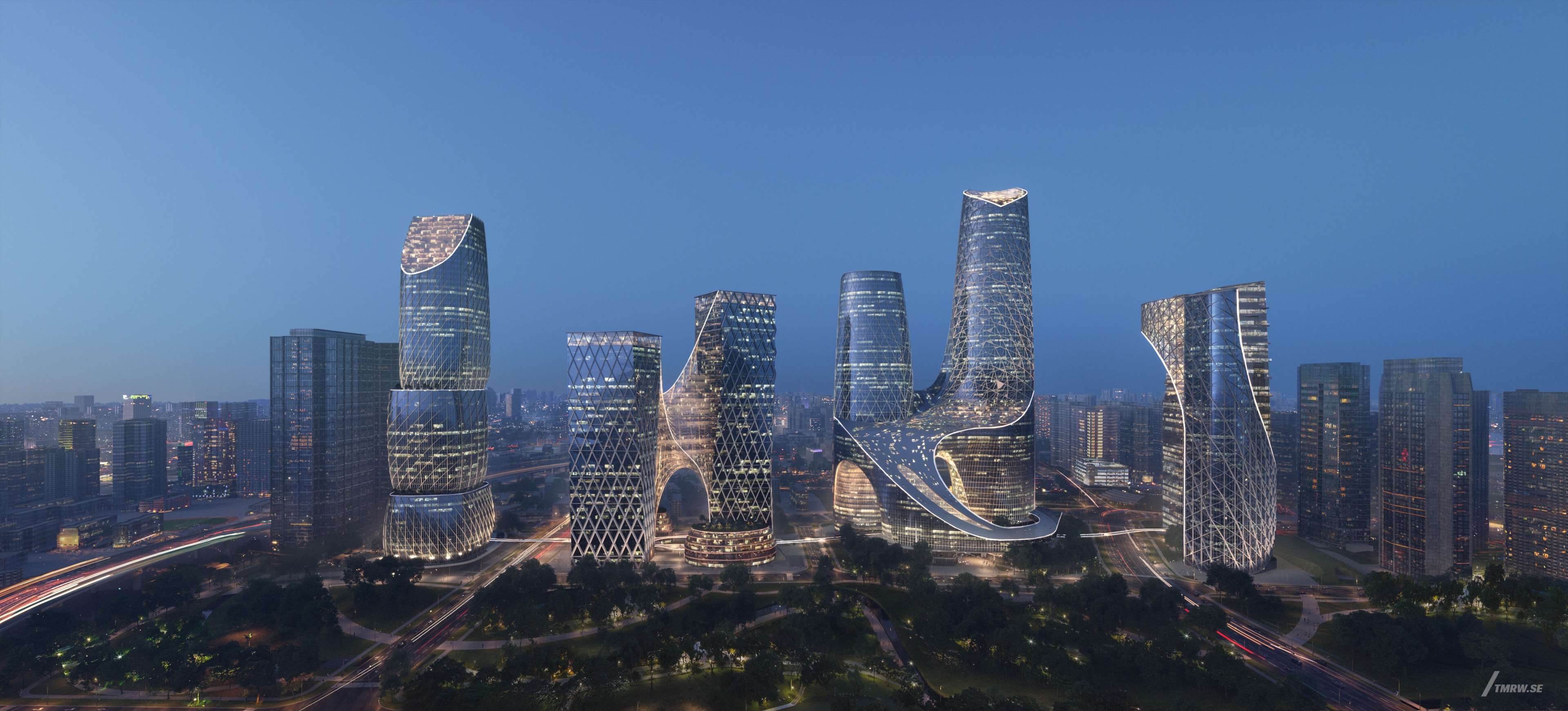 Architectural visualization of Wuhan for NBBJ. An image of the exterior of four skyscraper buildings with glass facade at night from semi aerial view.