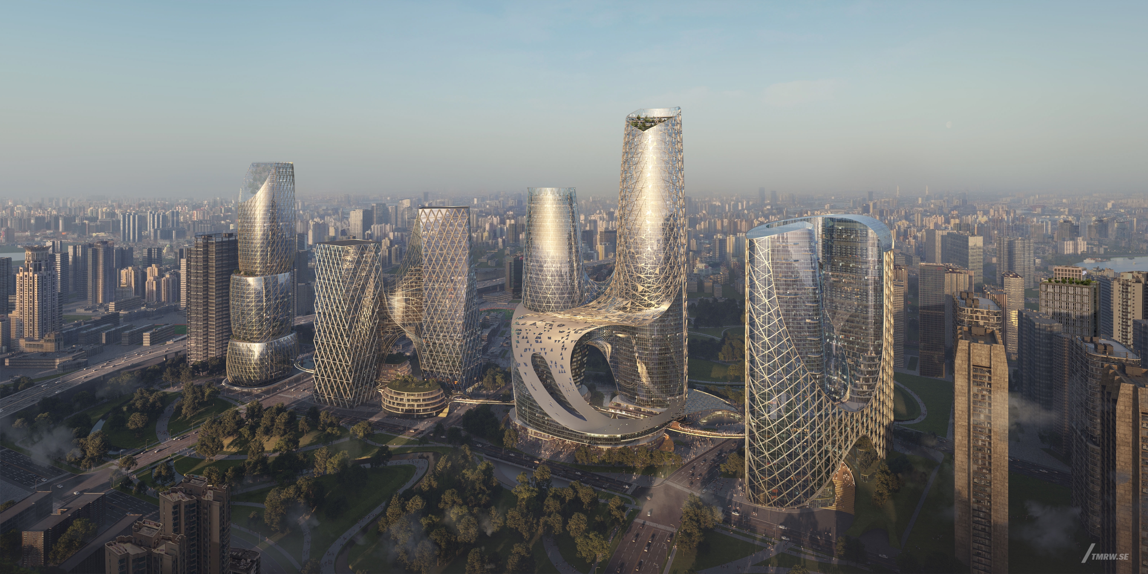 Architectural visualization of Wuhan for NBBJ. An image of the exterior of four skyscraper buildings with glass facade in daylight from semi aerial view.