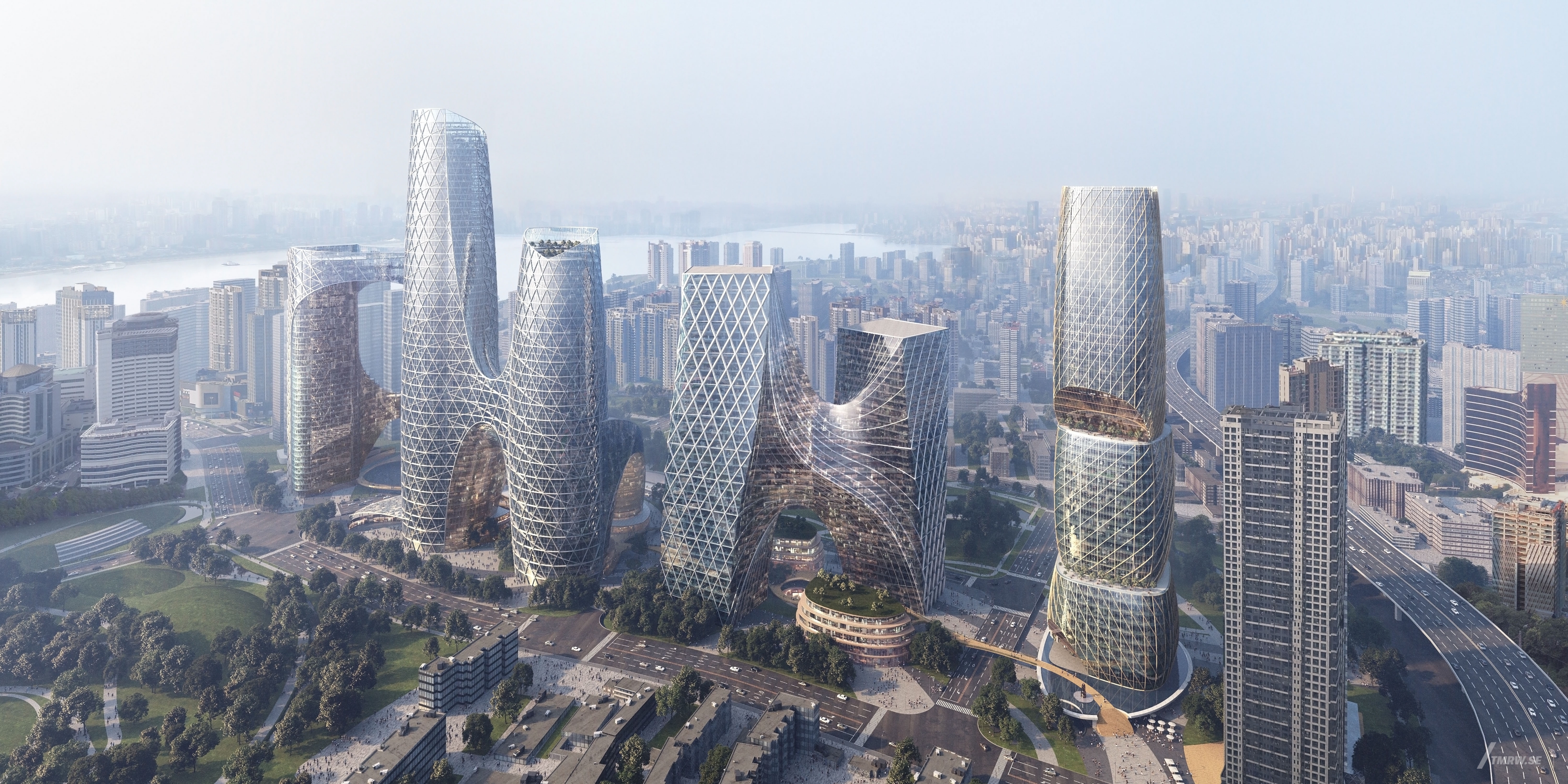 Architectural visualization of Wuhan for NBBJ. An image of the exterior of four skyscraper buildings with glass facade in daylight from semi aerial view.