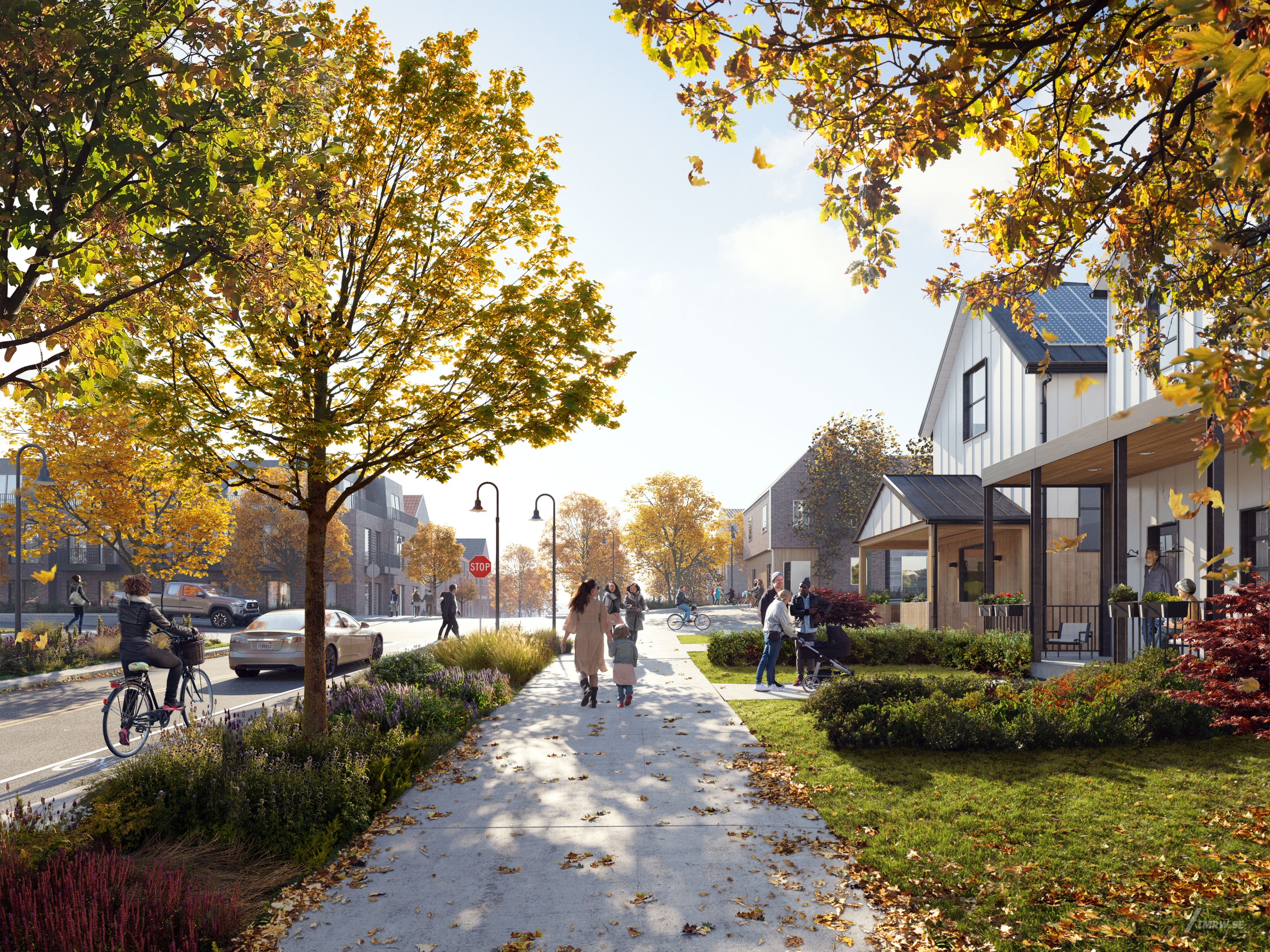 Architectural visualization of Bloomington for SOM. An image of the exterior of a residential building with pedestrians on the side walk infront in daylight from street view.