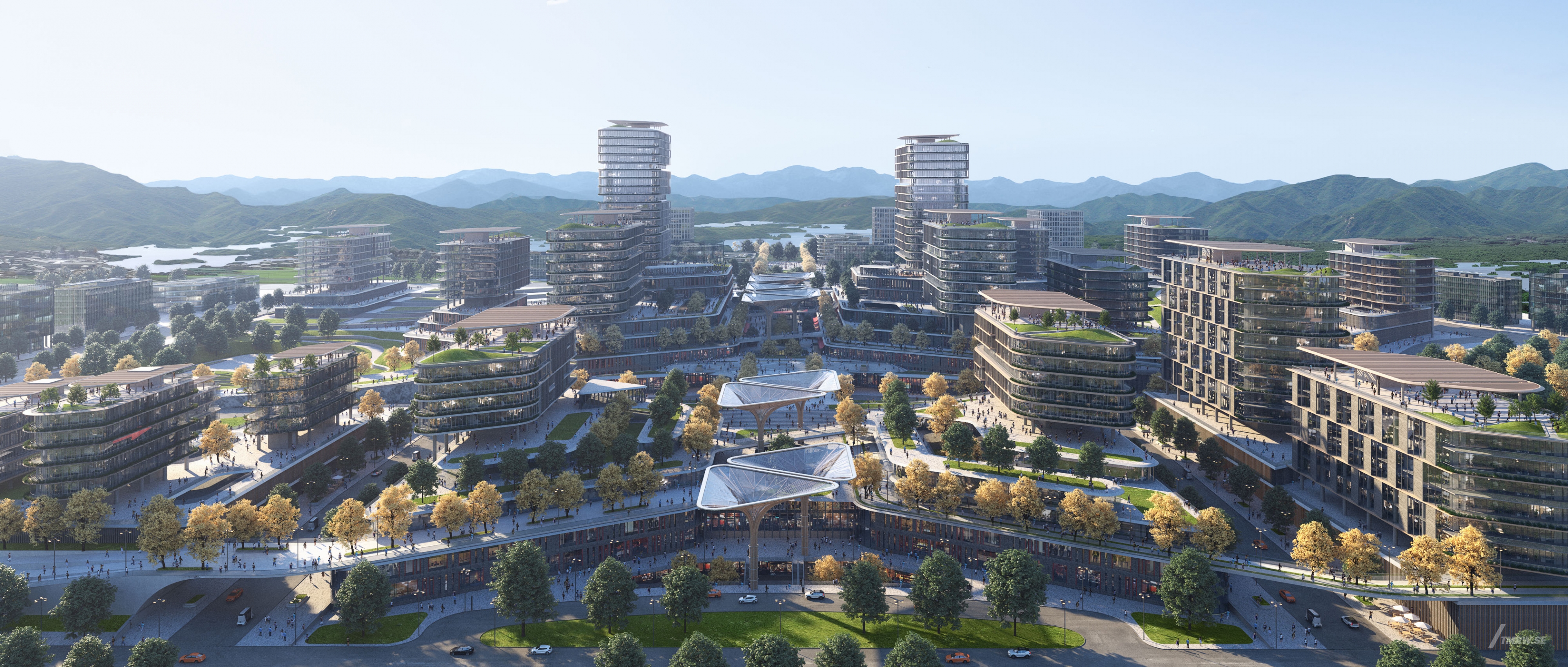 Architectural visualization of Chengdu for SOM. An image of several buildings from semi aerial view in daylight.