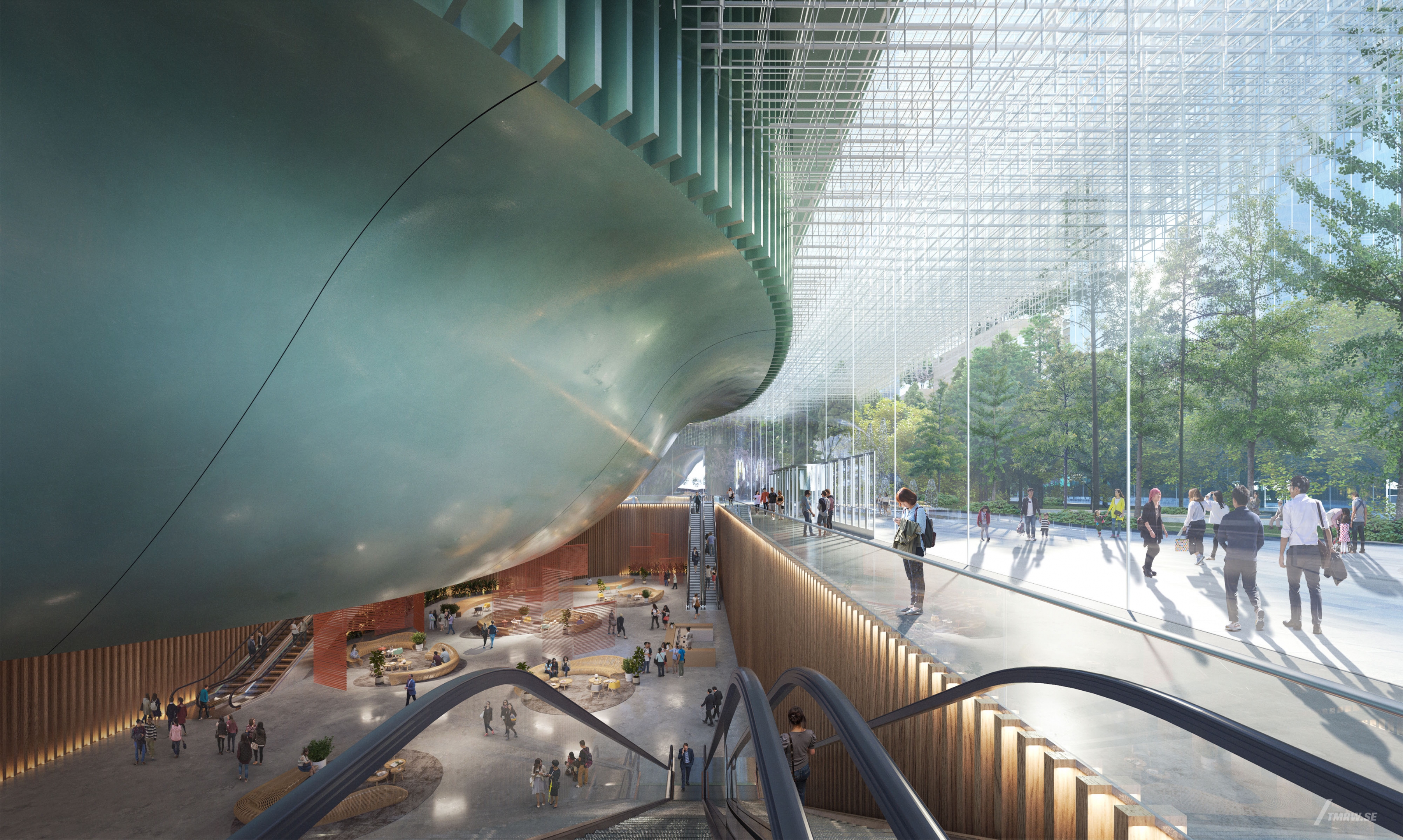 Architectural visualization of Gangneung for SOM. An image of the interior of a office building with people walking around in daylight from street view.