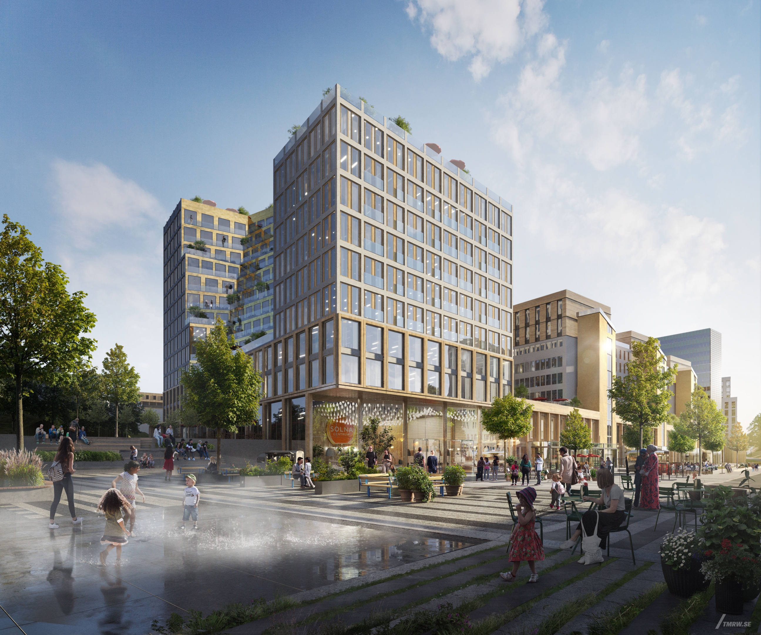 Architectural visualization of Solna Centrum for Unibail-Rodamco-Westfield. An image of the exterior of a retail building with pedestrians on the square infront in daylight from street view.