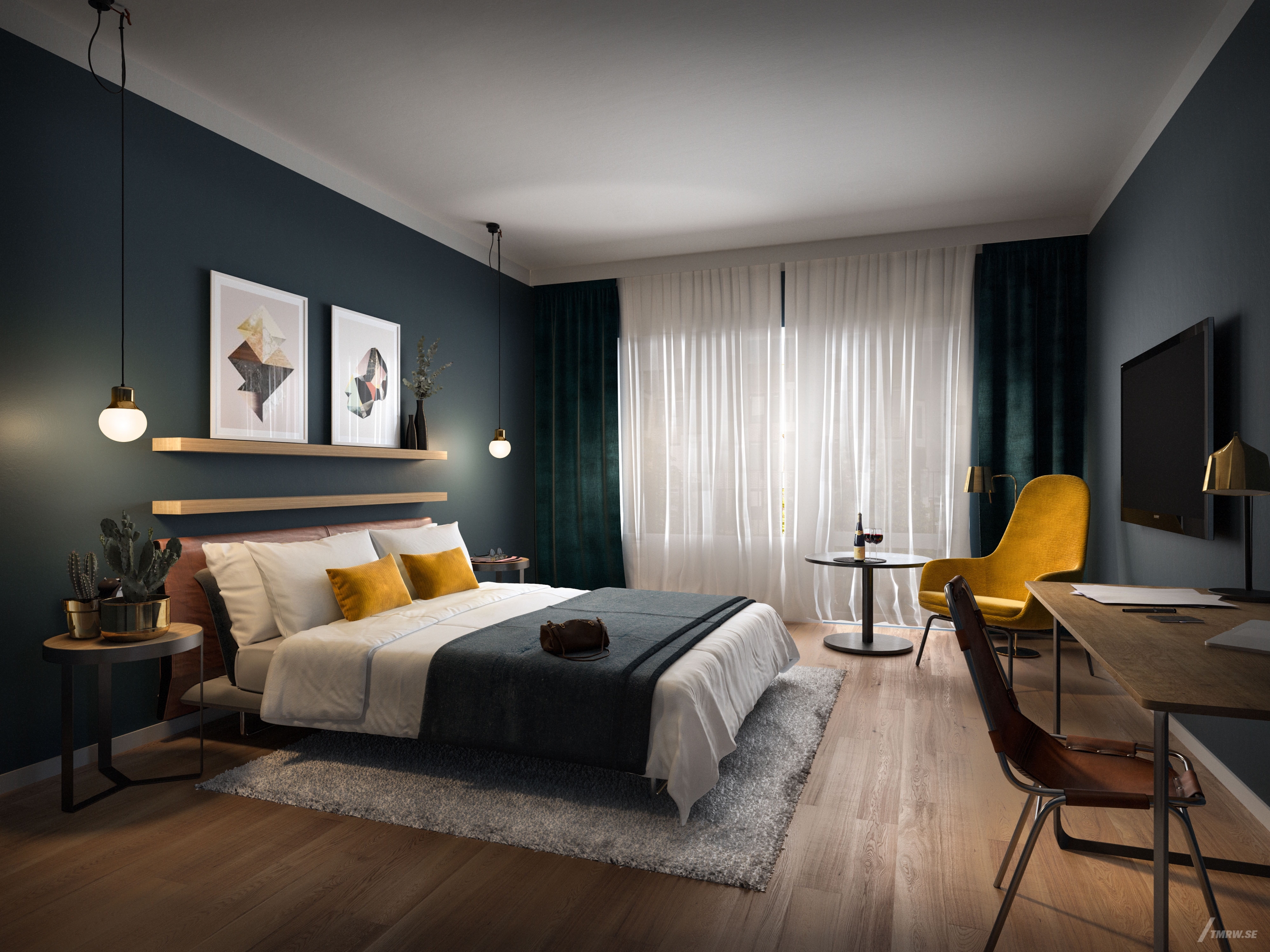 Architectural visualization of Hotell Lund for Veidekke. An image of the interior of a hotel room in daylight.