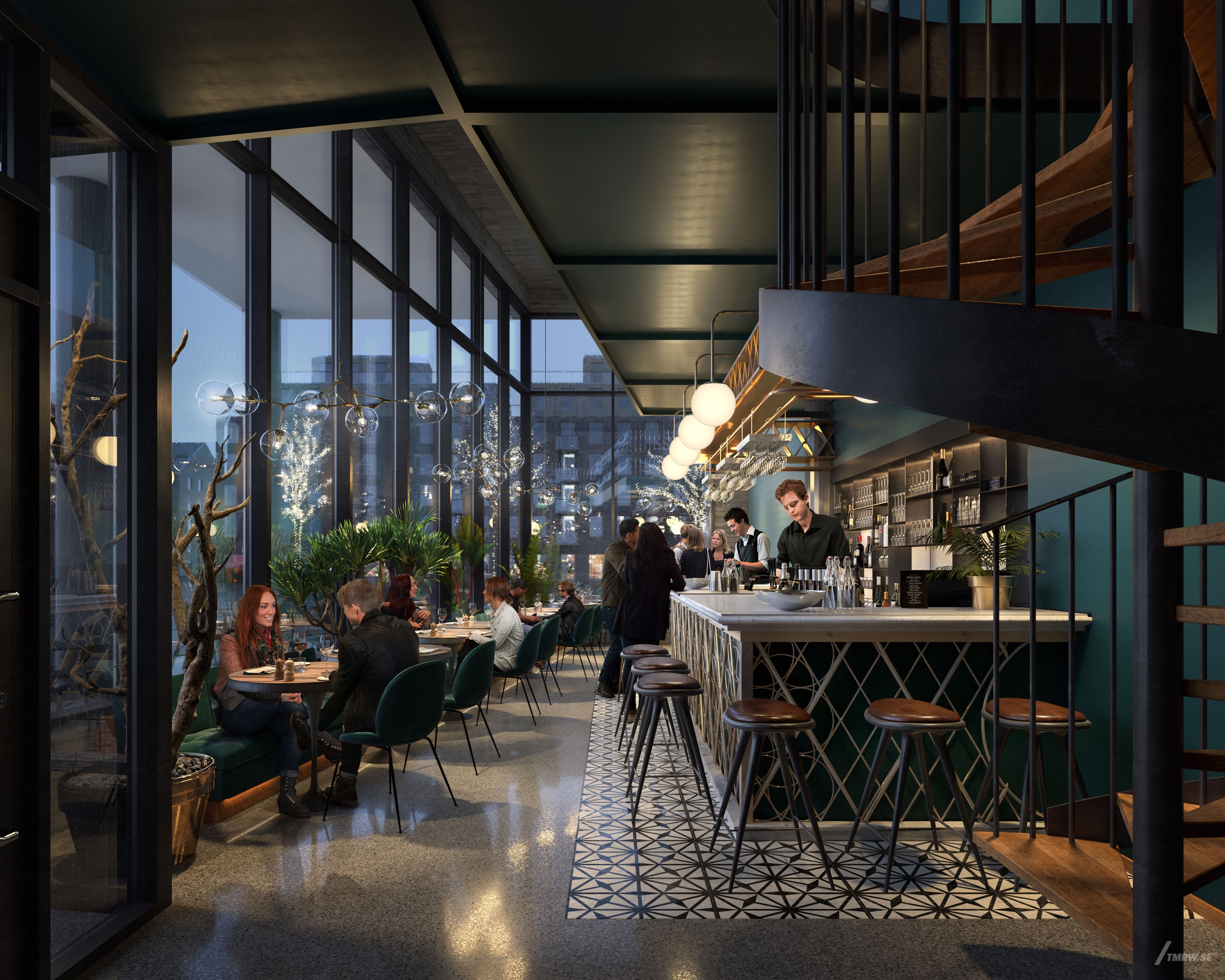 Architectural visualization of Hotell Lund for Veidekke. An image of the interior of a restaurant in a hotel building at night.