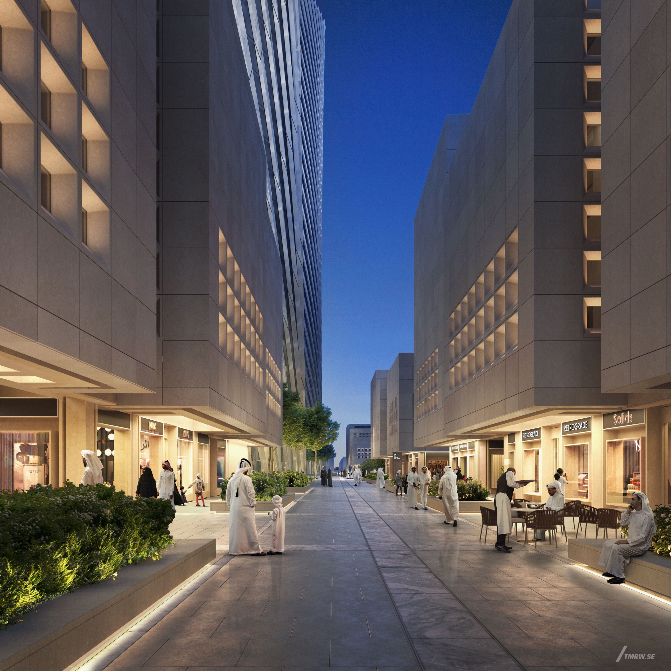 Architectural visualization of Lusail Towers for Foster & Partners. An image of a pedestrianized shopping street surrounded by retail buildings in the evening.