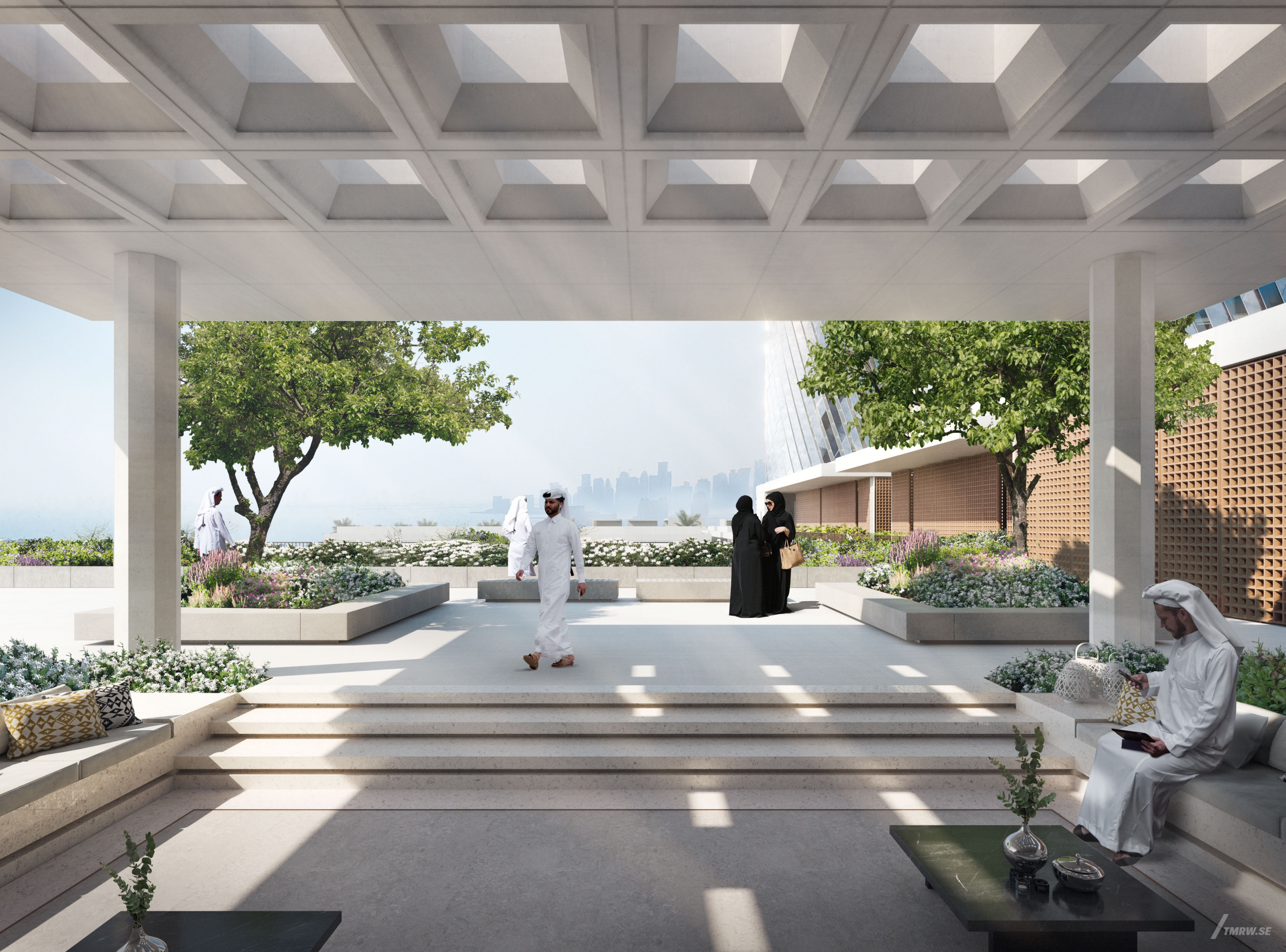 Architectural visualization of Lusail Towers for Foster & Partners. An image of a pergola with people sitting in sofas with sea view in daylight.