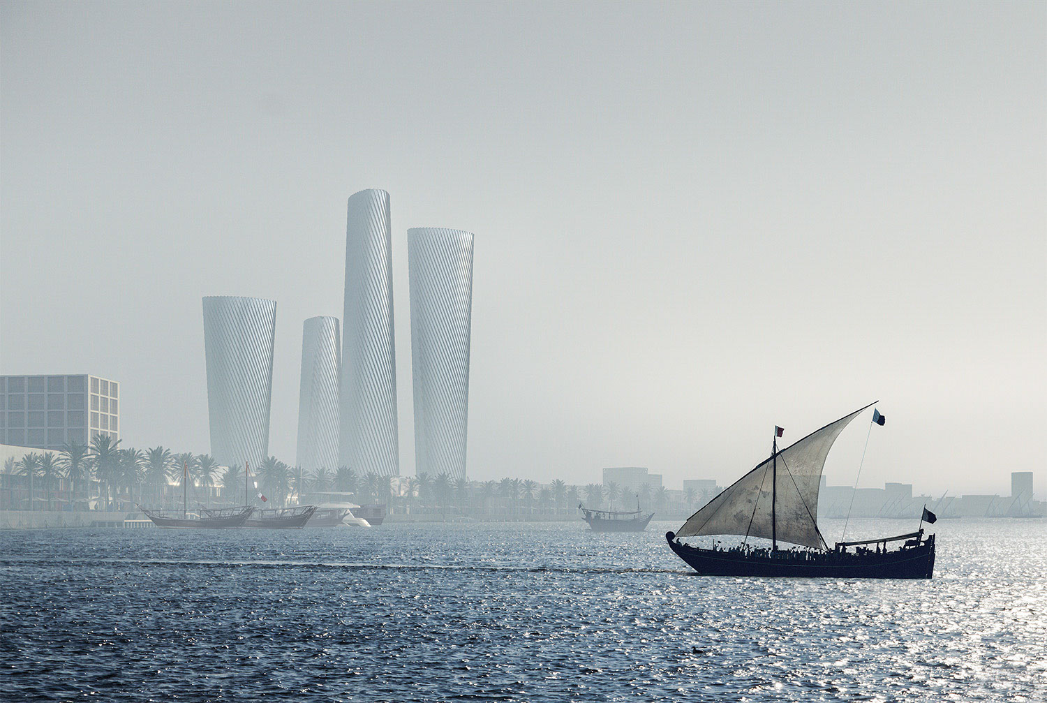 Architectural visualization of Lusail Towers for Foster & Partners. An image of sail boat in the sea with four skyscrape buildings in the background in daylight.