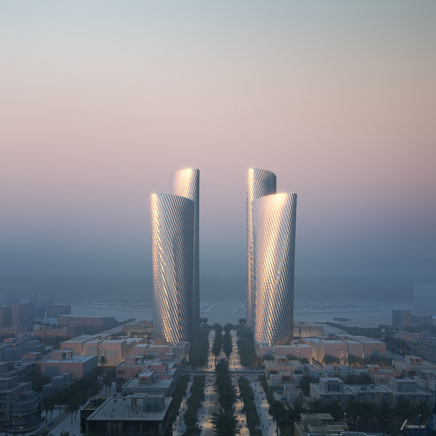 Architectural visualization of Lusail Towers for Foster & Partners. An image of four skyscrapers at dusk from semi aerial view.