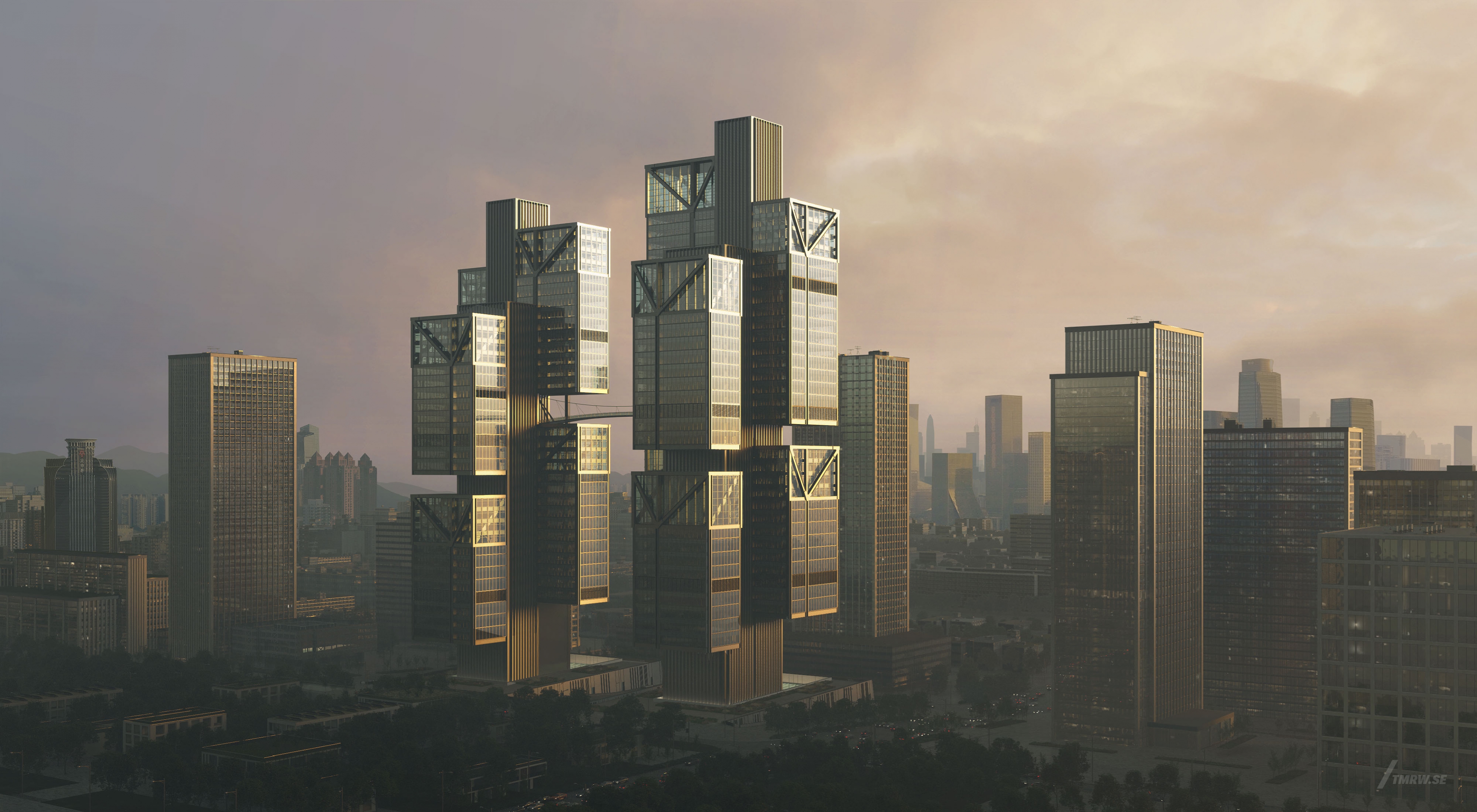 Architectural visualization of DJI for Foster + Partners. A image of the exterior of a two skyscaper office buildings infornt at dusk from semi aerial view.
