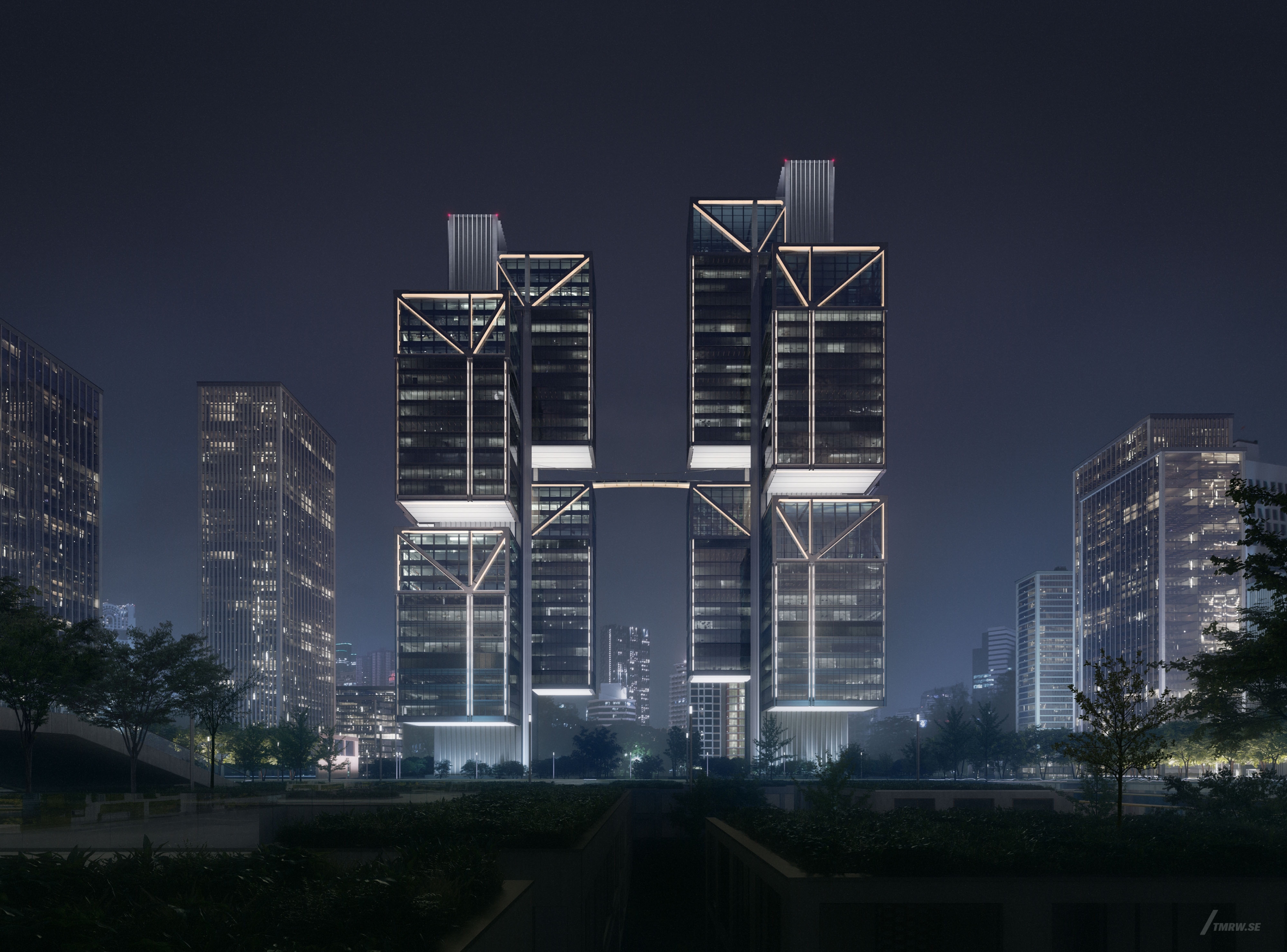 Architectural visualization of DJI for Foster + Partners. A image of the exterior of a two skyscaper office buildings infornt at night from ground view.