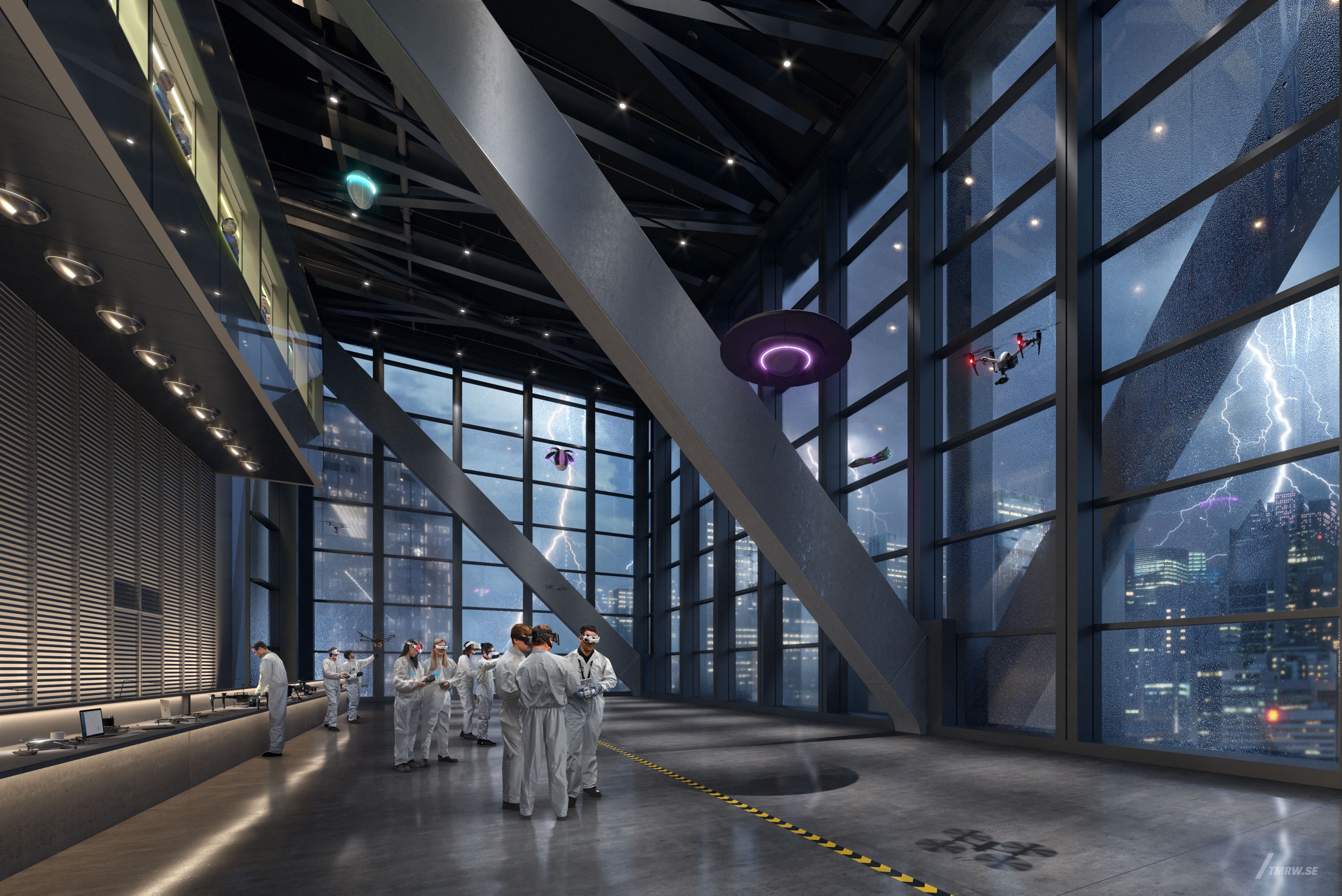 Architectural visualization of DJI for Foster + Partners. A image of the interior of the a testing room with several people inside a skyscaper building at night.